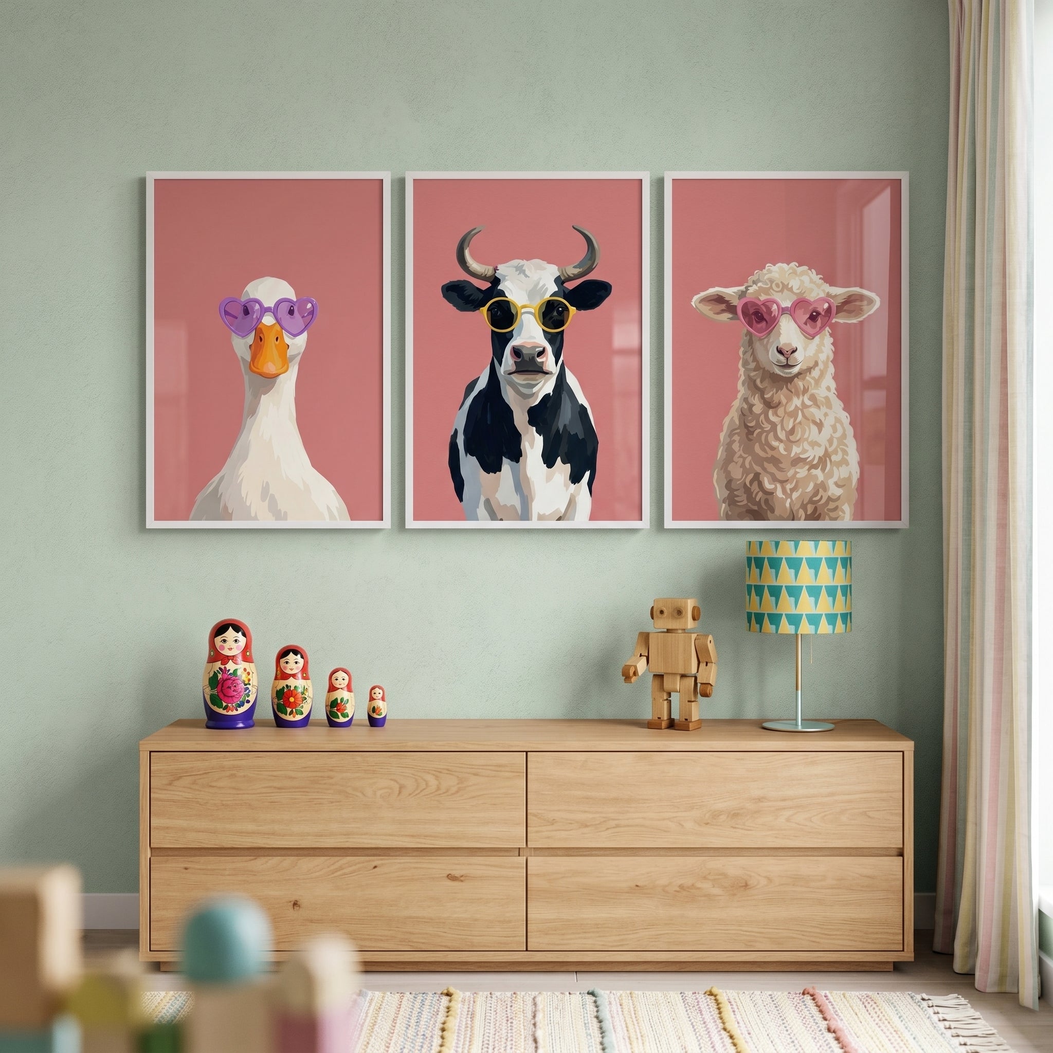 Pink Background Funky Animal Wall Art Set of 3 - Funky Farm Friends
