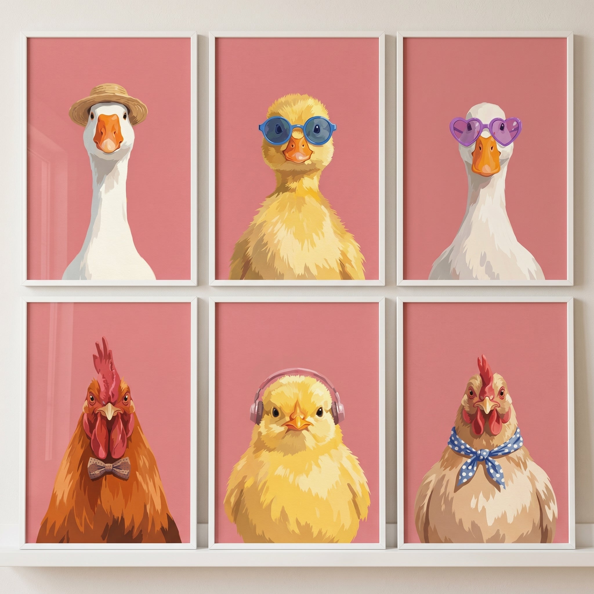 Pink Background Quirky Bird Wall Art Set of 6 - Stylish Farm Friends