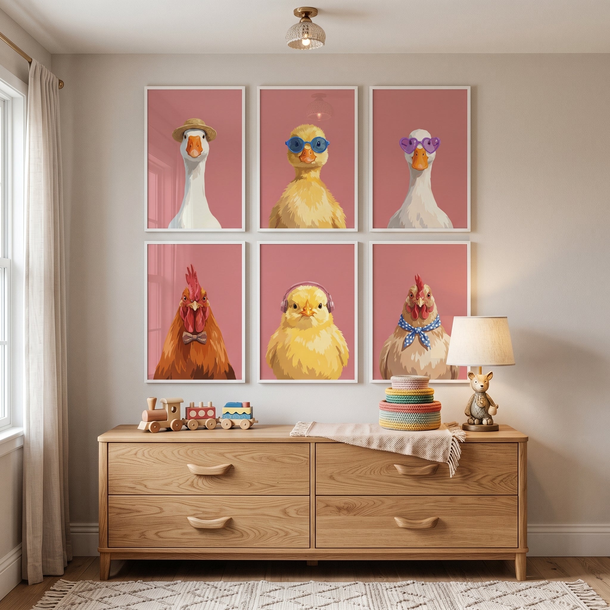 Pink Background Quirky Bird Wall Art Set of 6 - Stylish Farm Friends