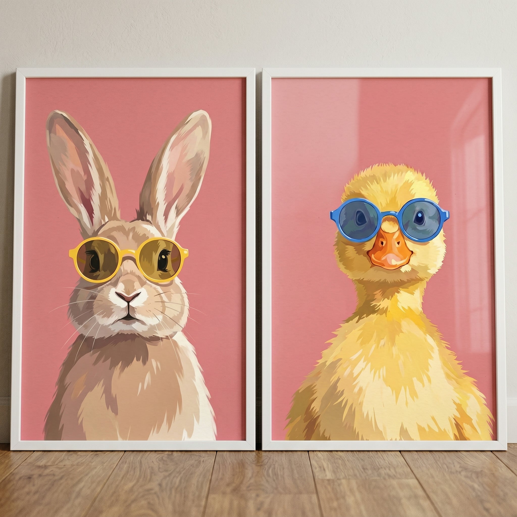 Pink Background Sunglasses Animal Wall Art Set of 2 - Stylish Summer Duo