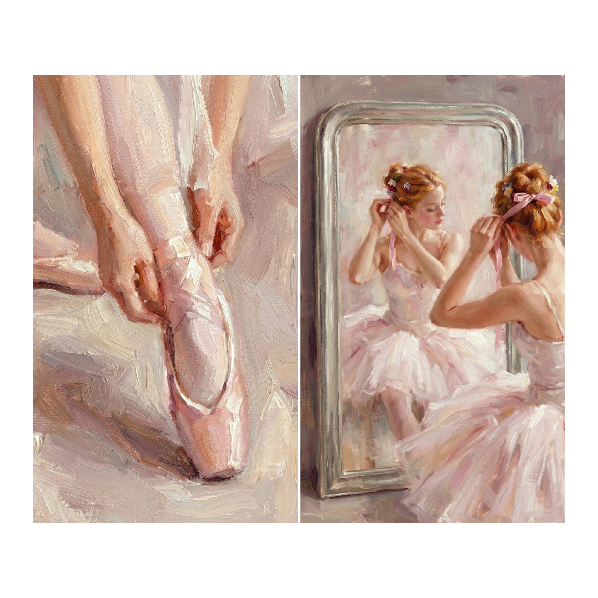 A delicate ballet wall art diptych featuring soft impressionist details in warm blush and cream tones. One panel shows a close up of a dancer’s hands adjusting satin pointe shoes against a textured studio floor, while the other captures her seated before a mirror tying a pink ribbon in her hair, reflected in gentle pastel light. The romantic brushstrokes and intimate preparation moments create an elegant and timeless piece perfect for kids rooms, dance spaces, bedrooms, or refined interiors for adults.