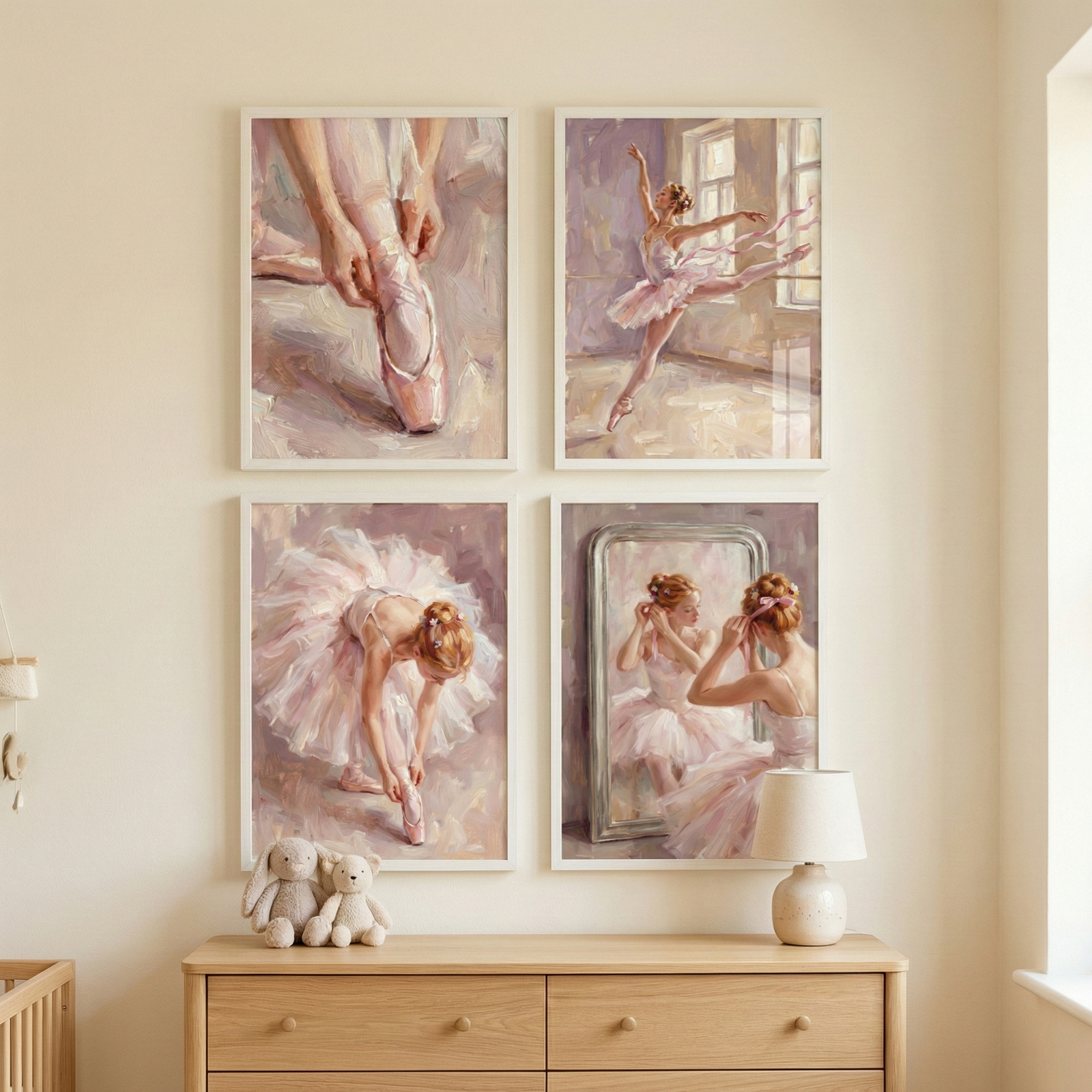 A set of four framed art pieces is arranged in a grid on a soft, cream-colored wall above a wooden dresser. The individual works feature various scenes of a dancer in a delicate, impressionistic style. One frame highlights a close-up of hands lacing a pink satin pointe shoe. Another shows a dancer in a light pink tutu performing a graceful pose in a sunlit room. A third depicts a dancer in a large, fluffy skirt bending over to adjust her footwear. 
