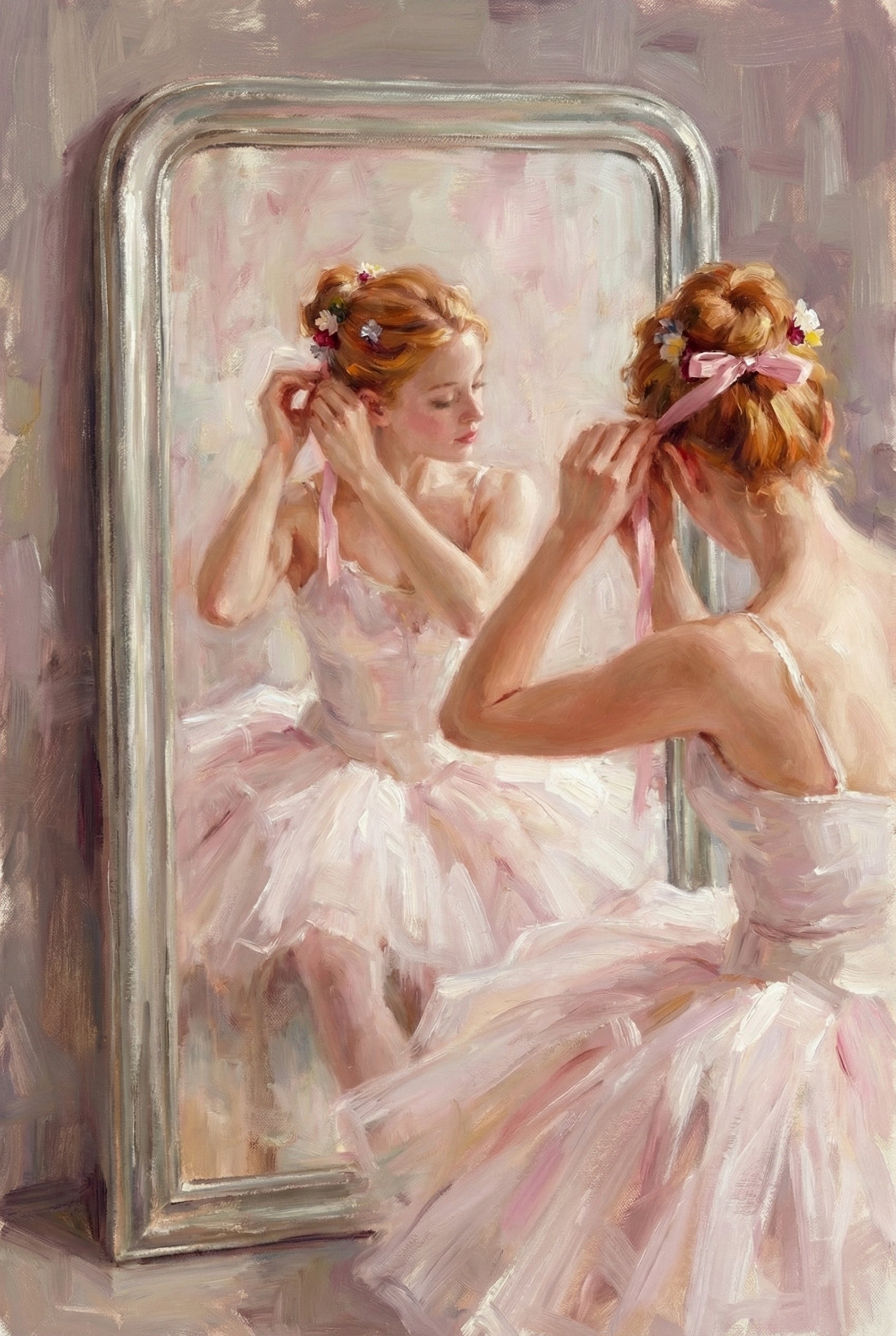An impressionistic artwork captures a young ballerina from behind as she gazes into a tall, silver-framed mirror. She wears a voluminous pale pink tutu and is tying a long pink ribbon into her reddish-blonde hair, which is gathered in a bun and decorated with small flowers. Her reflection shows her focused expression and the delicate details of her ballet attire. The scene is rendered with visible, textured brushwork in a gentle palette of pastel pinks, whites, and muted grays.