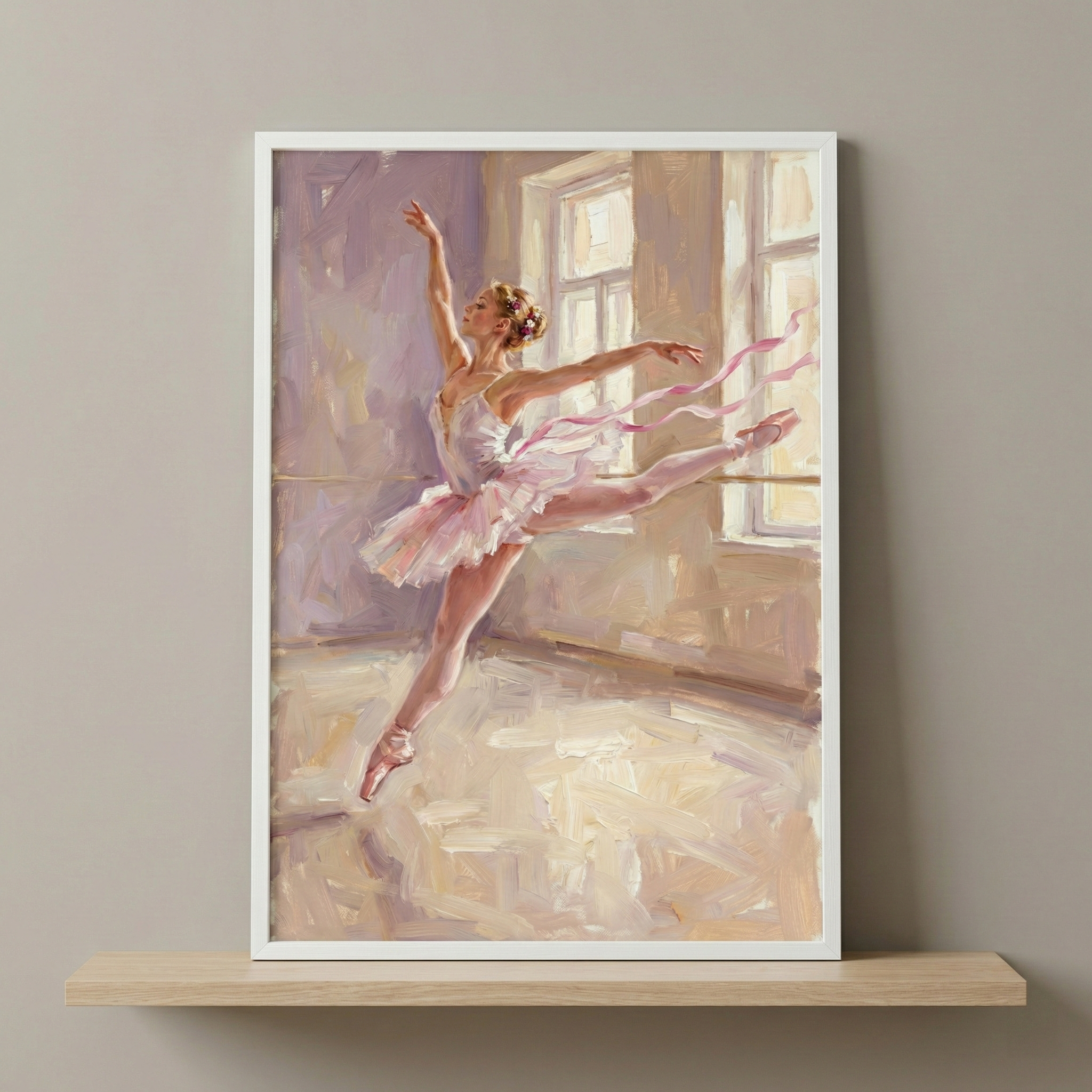A ballerina is captured in a graceful leap within a soft, impressionistic artwork. She wears a layered pink tutu and matching pointe shoes, with ethereal pink ribbons swirling around her to emphasize motion. The setting is a sunlit studio, where light from large windows creates a luminous atmosphere. Bold, textured strokes and a palette of rose, lavender, and cream define the composition. The piece is housed in a white frame, resting on a wood shelf against a neutral gray wall.
