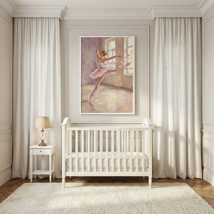 A cozy nursery room features a white crib and a matching side table with a lamp. Above the crib hangs a large painting of a ballerina in motion, set against a softly lit interior. The room is framed by elegant white curtains and a plush cream rug.
