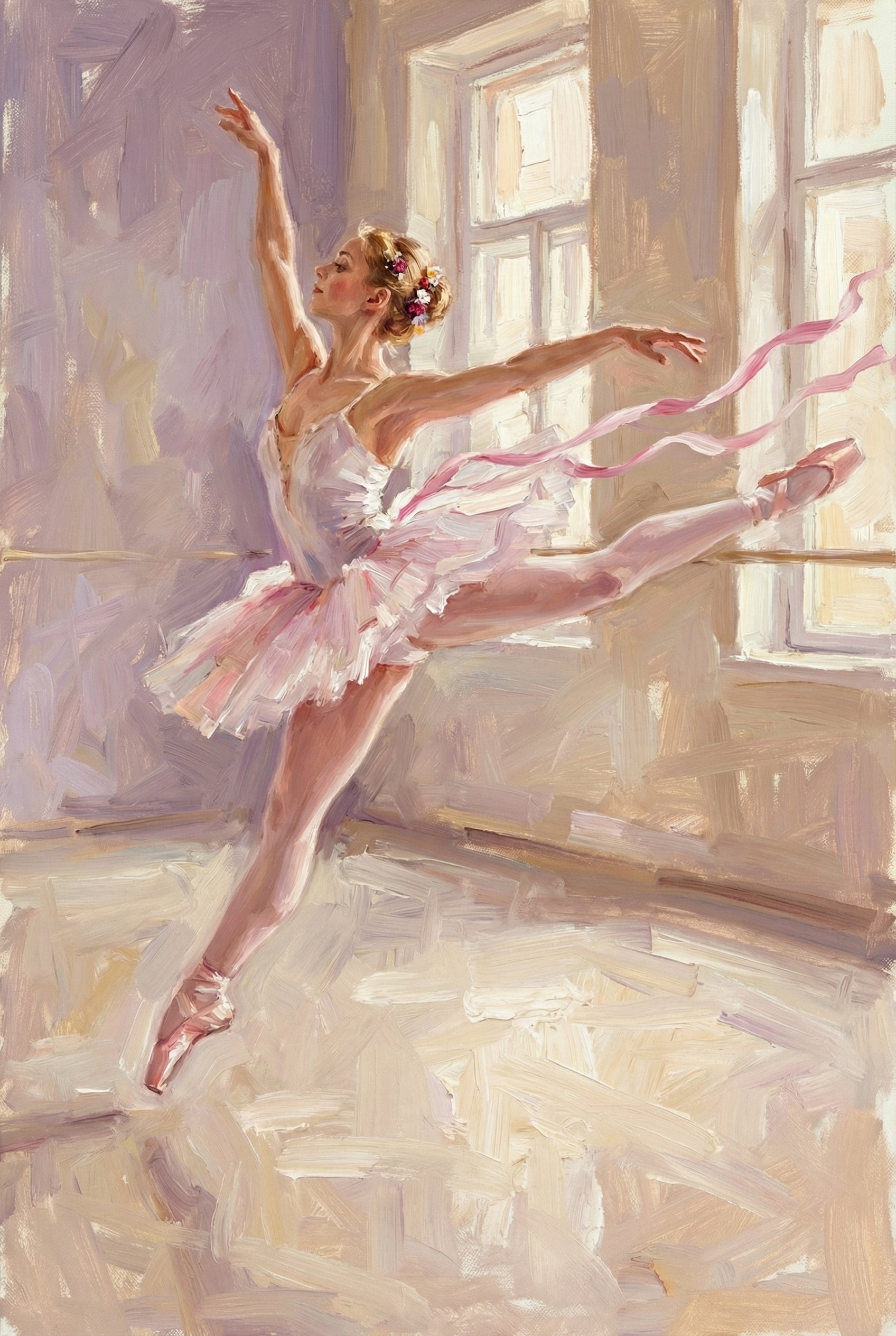 An impressionistic image shows a ballerina mid-leap in a dance studio. Her body is elongated, with one arm raised and legs split horizontally. She wears a white and pink tutu and pointe shoes, with flowers in her bun. Pink ribbons flow from her back foot, emphasizing movement. The scene is created with thick, expressive brushstrokes in shades of lavender, cream, and rose. In the background, soft light filters through large windows near a ballet barre.