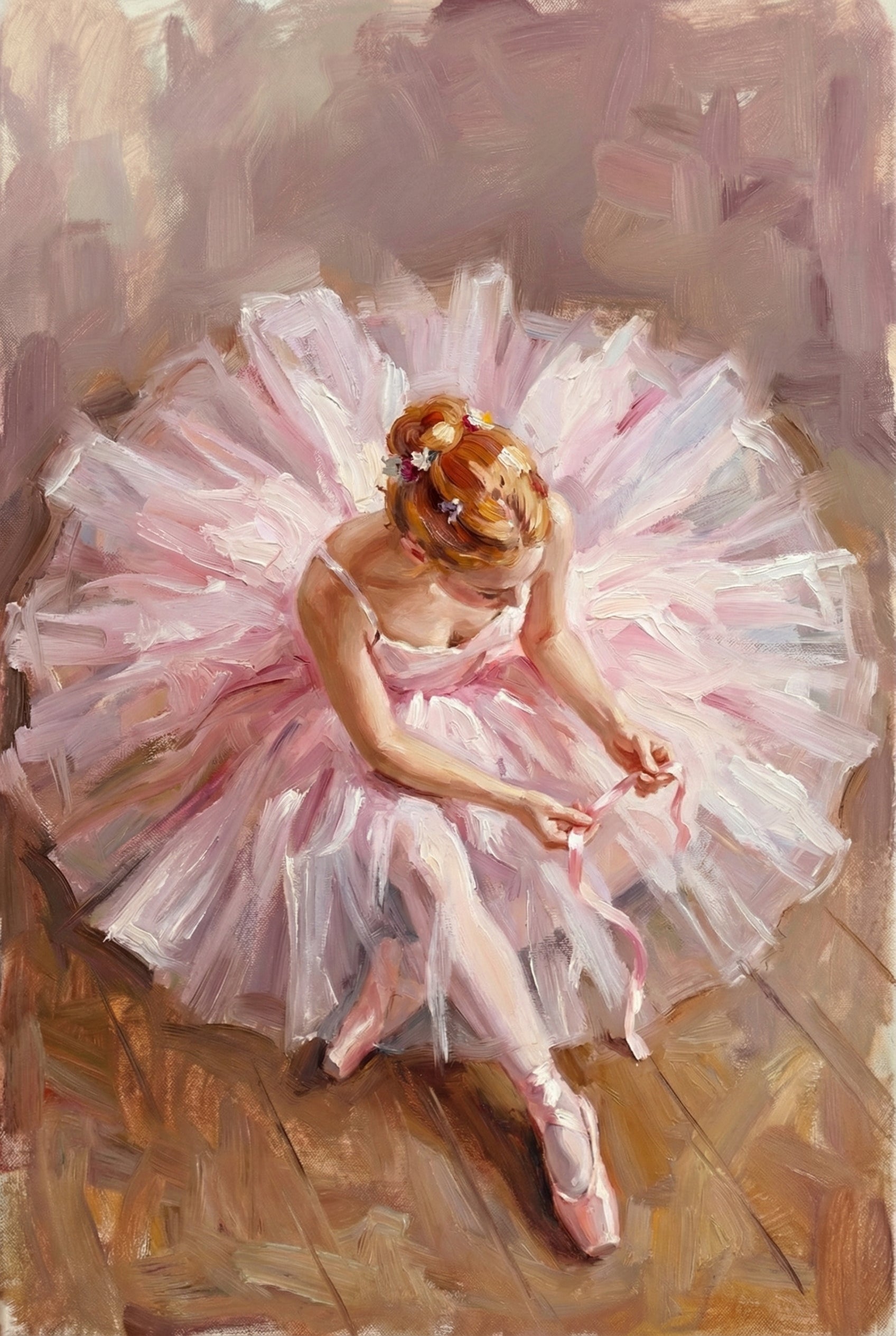 An artistic rendering from a top-down perspective depicts a dancer sitting on a wooden floor. She is wearing a large, voluminous, multi-layered light pink tutu that spreads out around her. Her auburn hair is pulled back into a bun decorated with small flowers. The subject is focused on tying the long pink ribbons of her pointe shoes. The style features thick, expressive brushstrokes and a soft color palette of rose, cream, and warm brown tones.