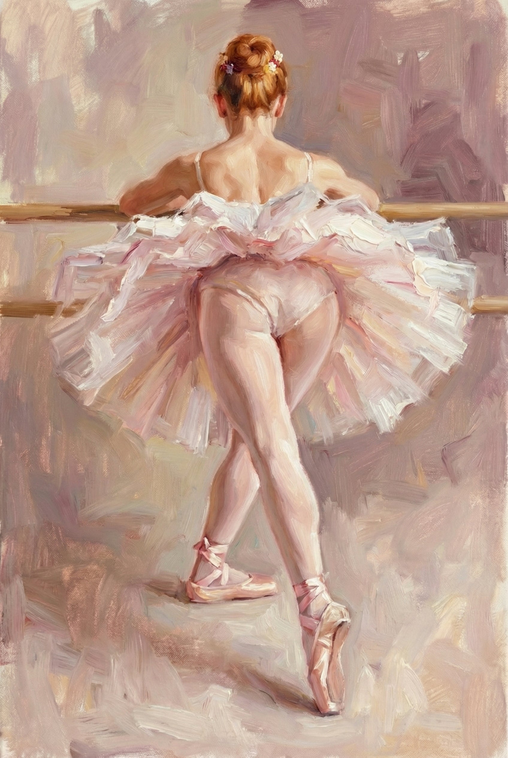 An impressionistic artwork depicting a ballerina from behind as she practices at a barre. She wears a voluminous light pink tutu and pink pointe shoes, with her legs crossed and one foot on pointe. Her reddish-blonde hair is tied in a bun accented with small flowers. The piece features visible, expressive brushstrokes in a palette of soft pinks, creams, and earthy tones. The light highlights the musculature of her back and legs against a textured, neutral background.