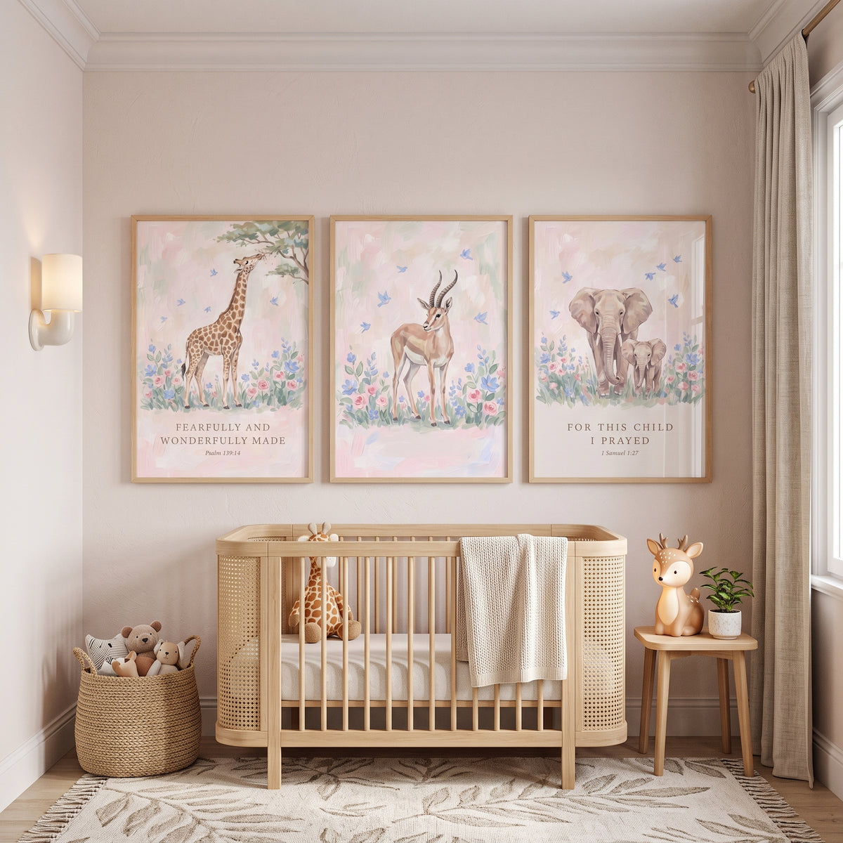 Pink Bible Safari Animals Wall Art Set Of 3 - Sacred Nursery Safari