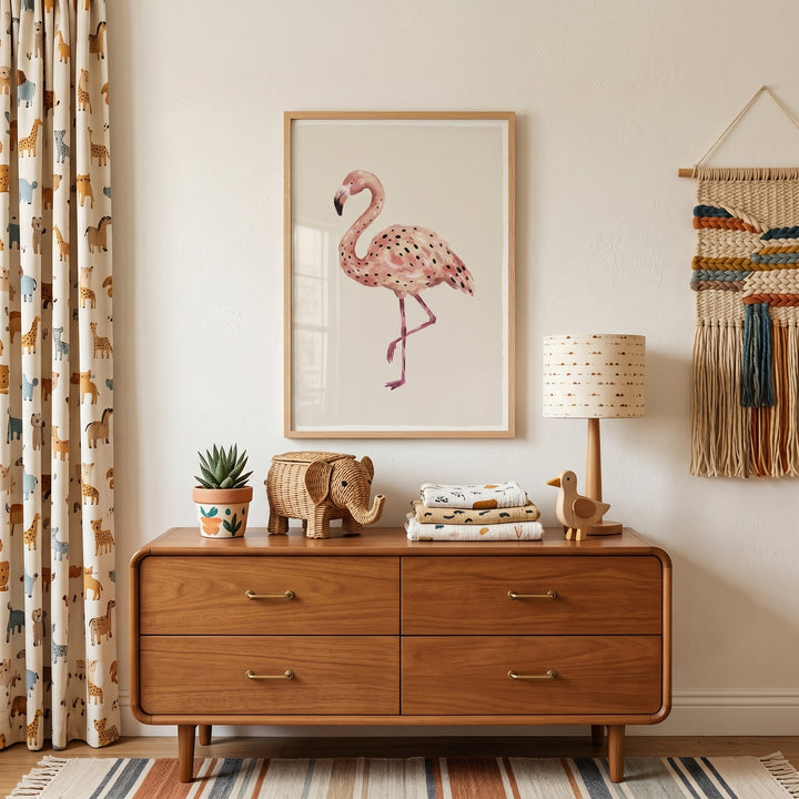 Pink black spotted flamingo wall art hangs above a wooden dresser with a wicker elephant, lamp, and striped rug.