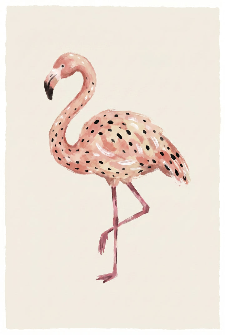 Pink black spotted flamingo wall art with white highlights standing on one leg against a light cream background.