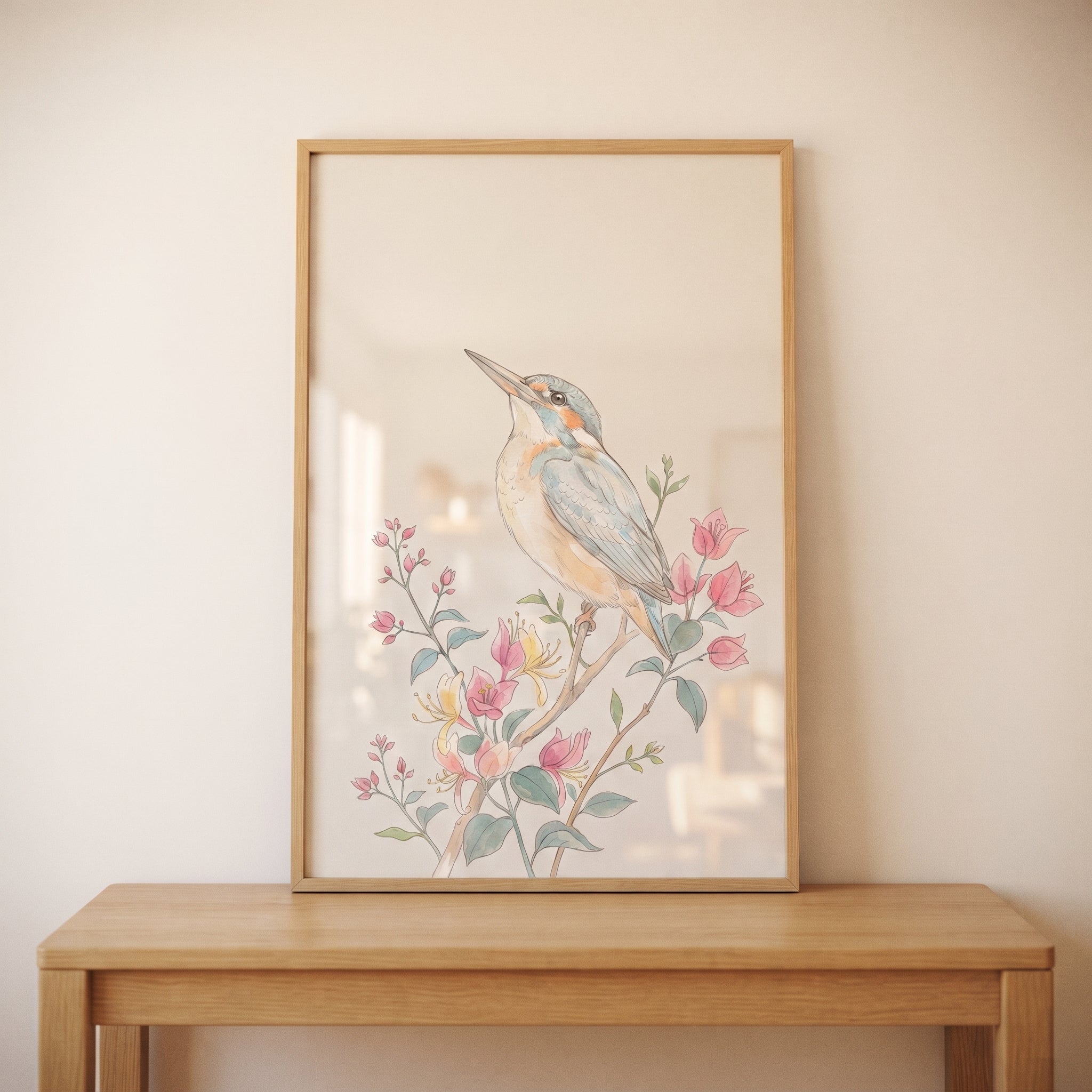 Pink Bloom Floral Kingfisher Wall Art - Serene Kingfisher Bloom