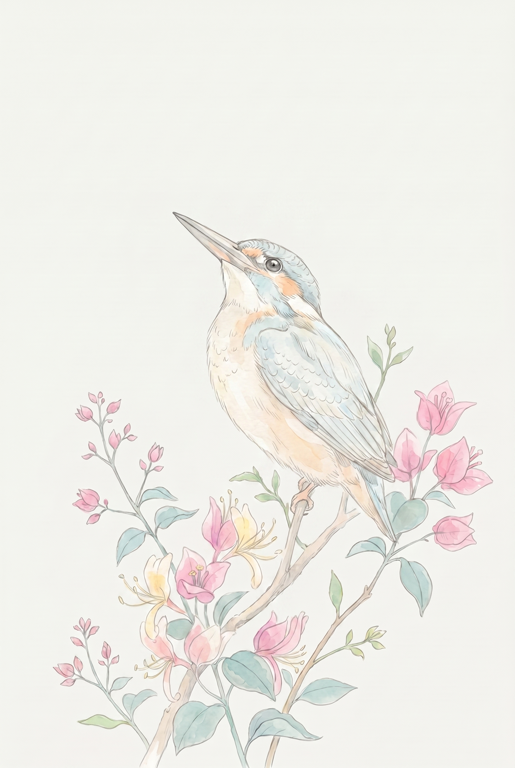 Pink Bloom Floral Kingfisher Wall Art - Serene Kingfisher Bloom