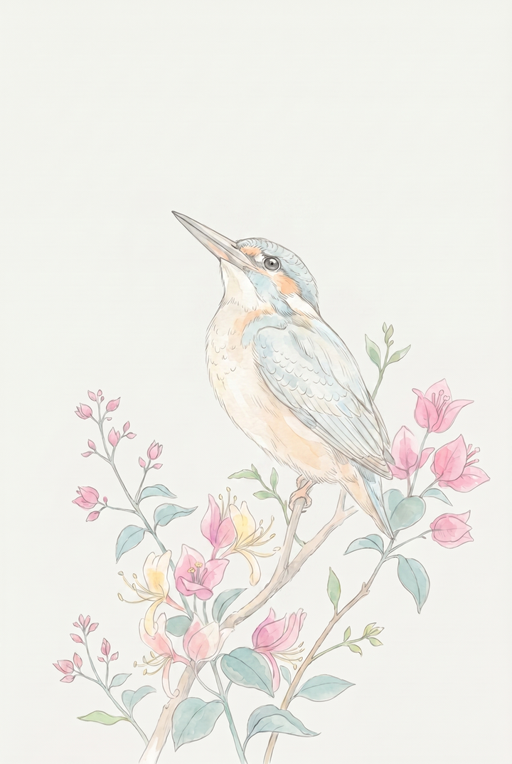Pink bloom floral kingfisher wall art featuring a bird perched on a branch among delicate pink and yellow blossoms.