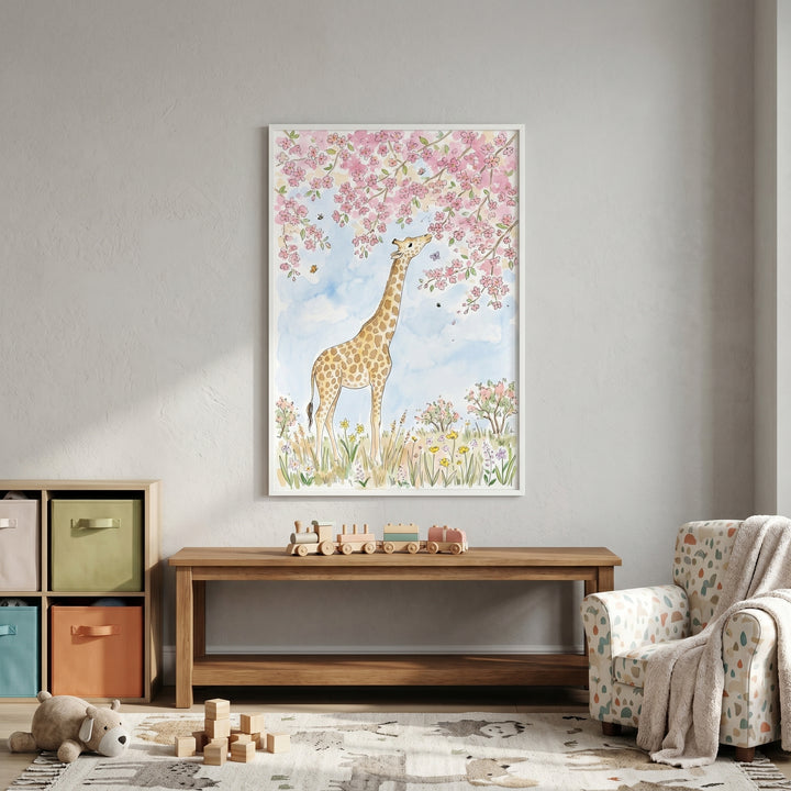 Pink blossom giraffe wall art hangs in a nursery room above a wooden bench and colorful storage bins.