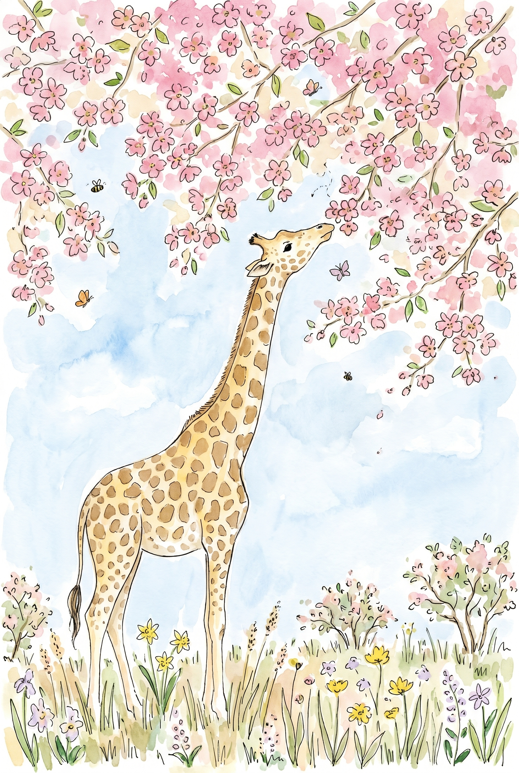 Pink Blossom Giraffe Wall Art - Giraffe Blossom Dream
