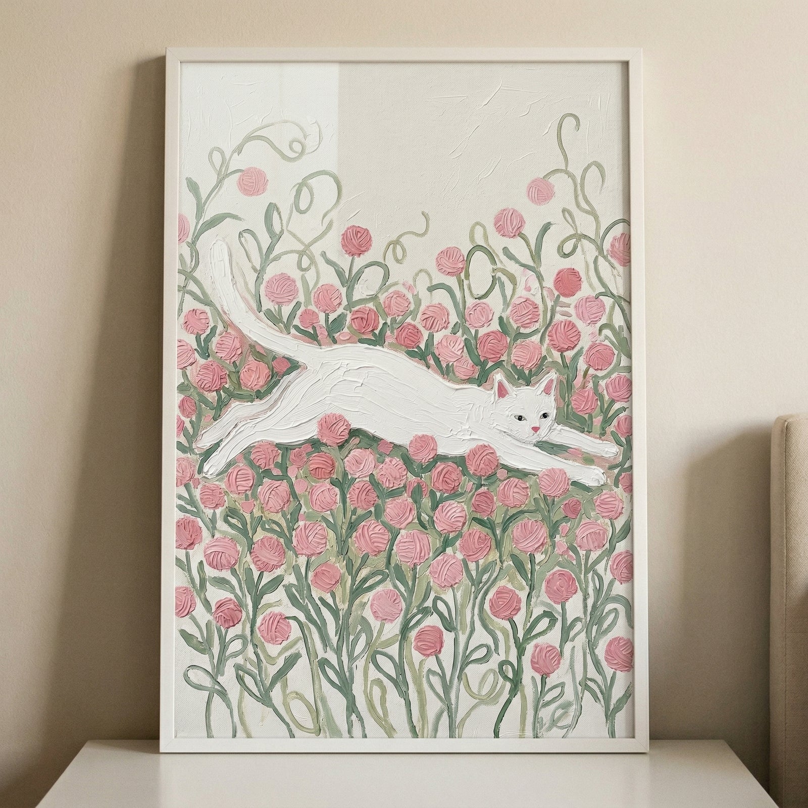 Textured painting of a white cat stretched out mid leap across a field of pink flowers with winding green stems. The soft neutral background and thick brushstrokes highlight the playful movement and delicate floral details.