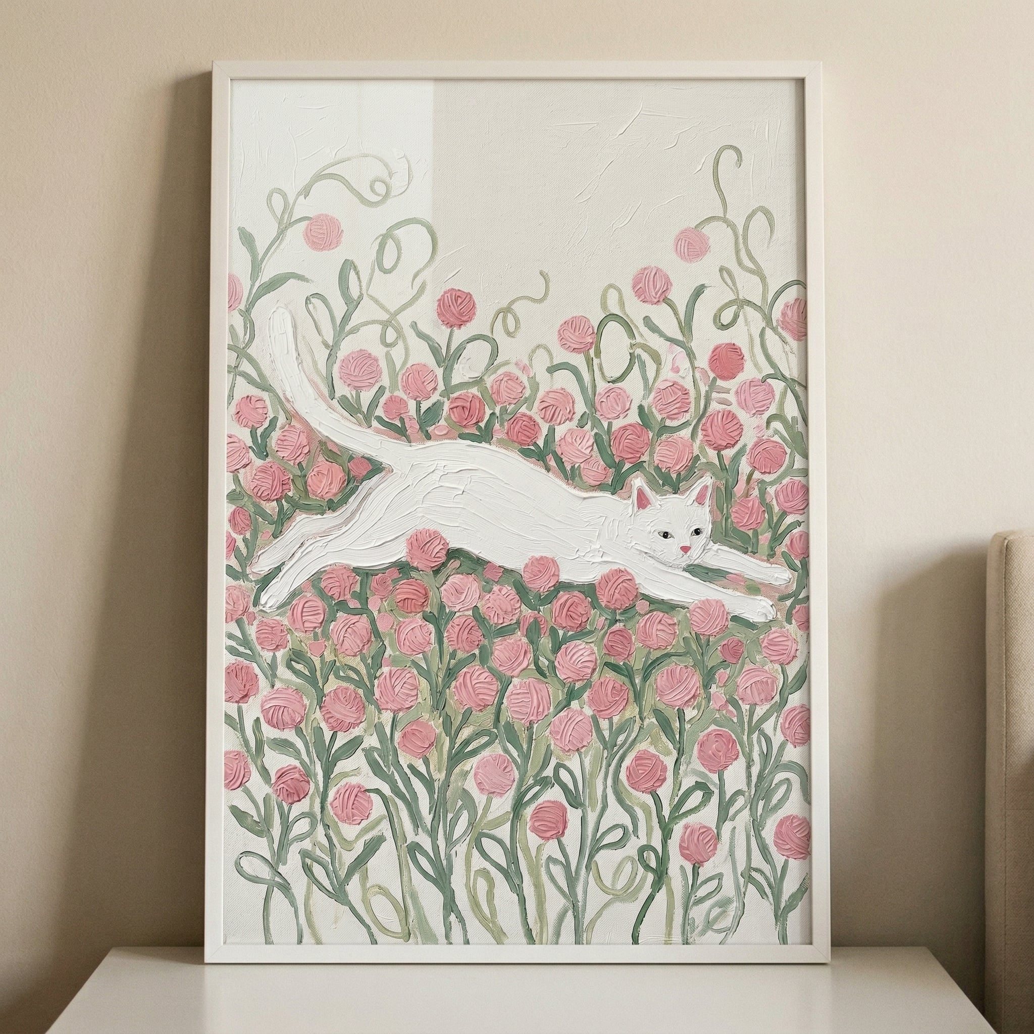 Pink Blossom Jumping Cat Wall Art - Pink Petal Paws