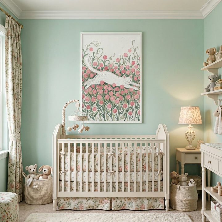 Soft pastel nursery with a white crib beneath a framed painting of a white cat leaping through pink flowers with winding green stems. Floral textiles, plush toys, and warm lighting complement the artwork, creating a gentle whimsical focal point above the crib.