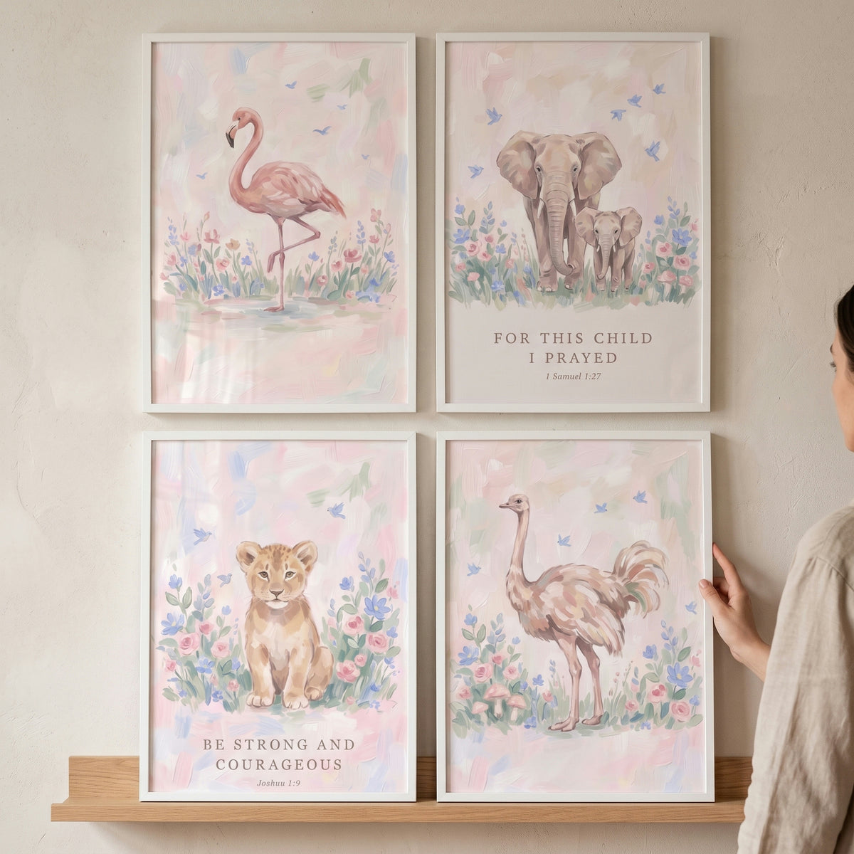 Pink Bluebird Safari Animals Wall Art Set Of 4 - Pastel Scripture Animals