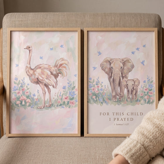 Pink botanical safari animals wall art set of 2 features an ostrich and elephants in floral landscapes with a Bible verse.
