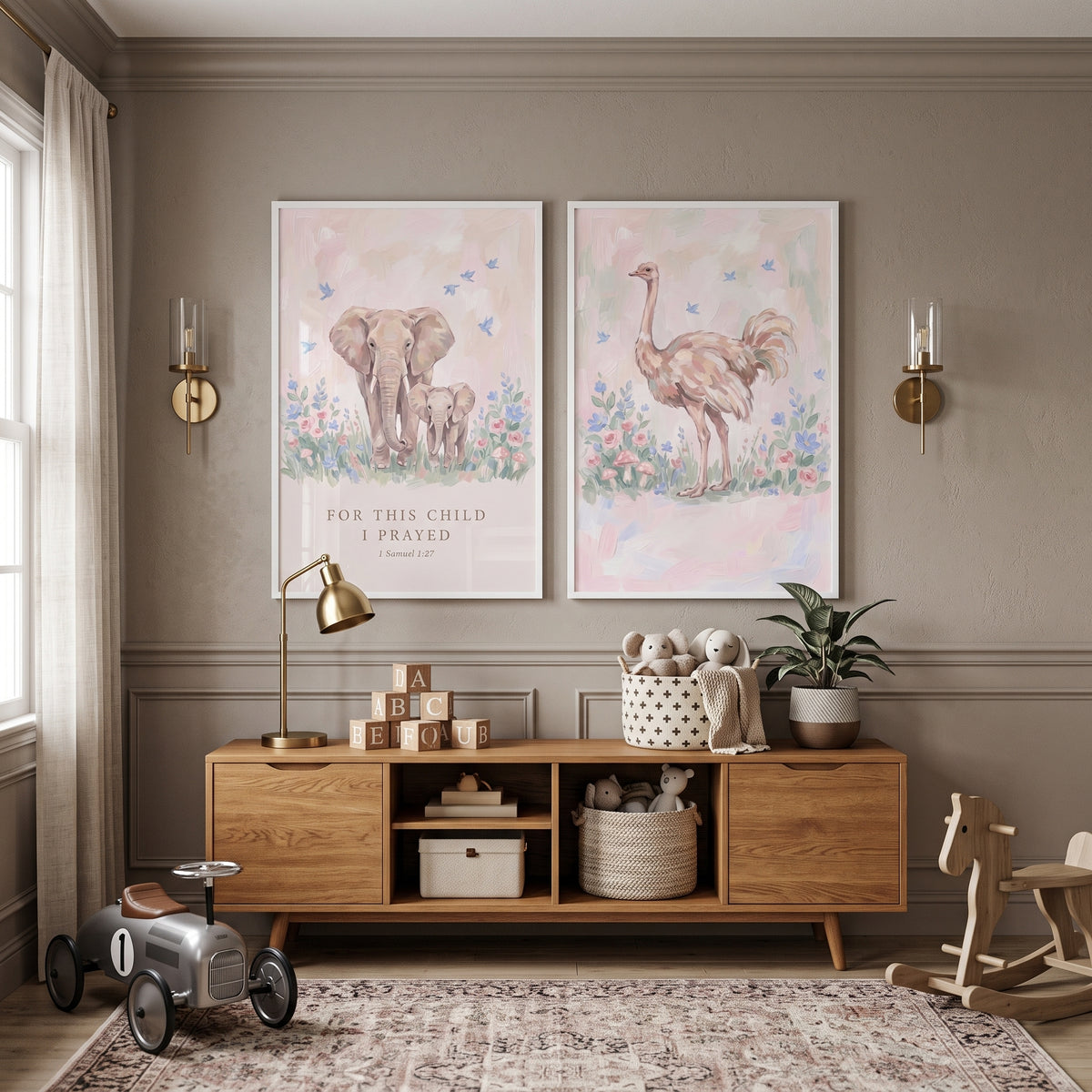 Pink Botanical Safari Animals Wall Art Set of 2 - Blessed Safari Art