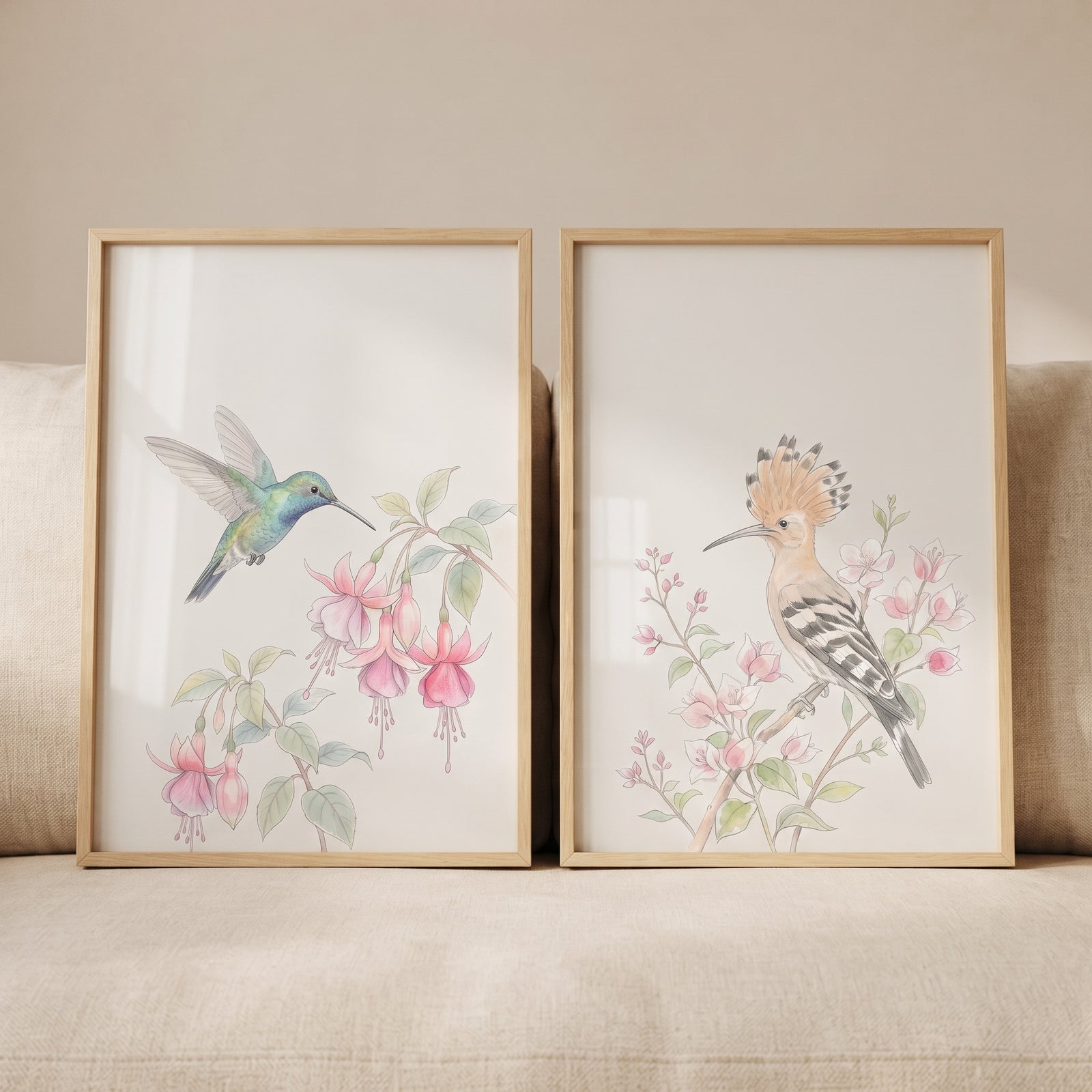 Pink botanical watercolor bird wall art set of 2 featuring a hummingbird and a hoopoe bird among flowers in wood frames.