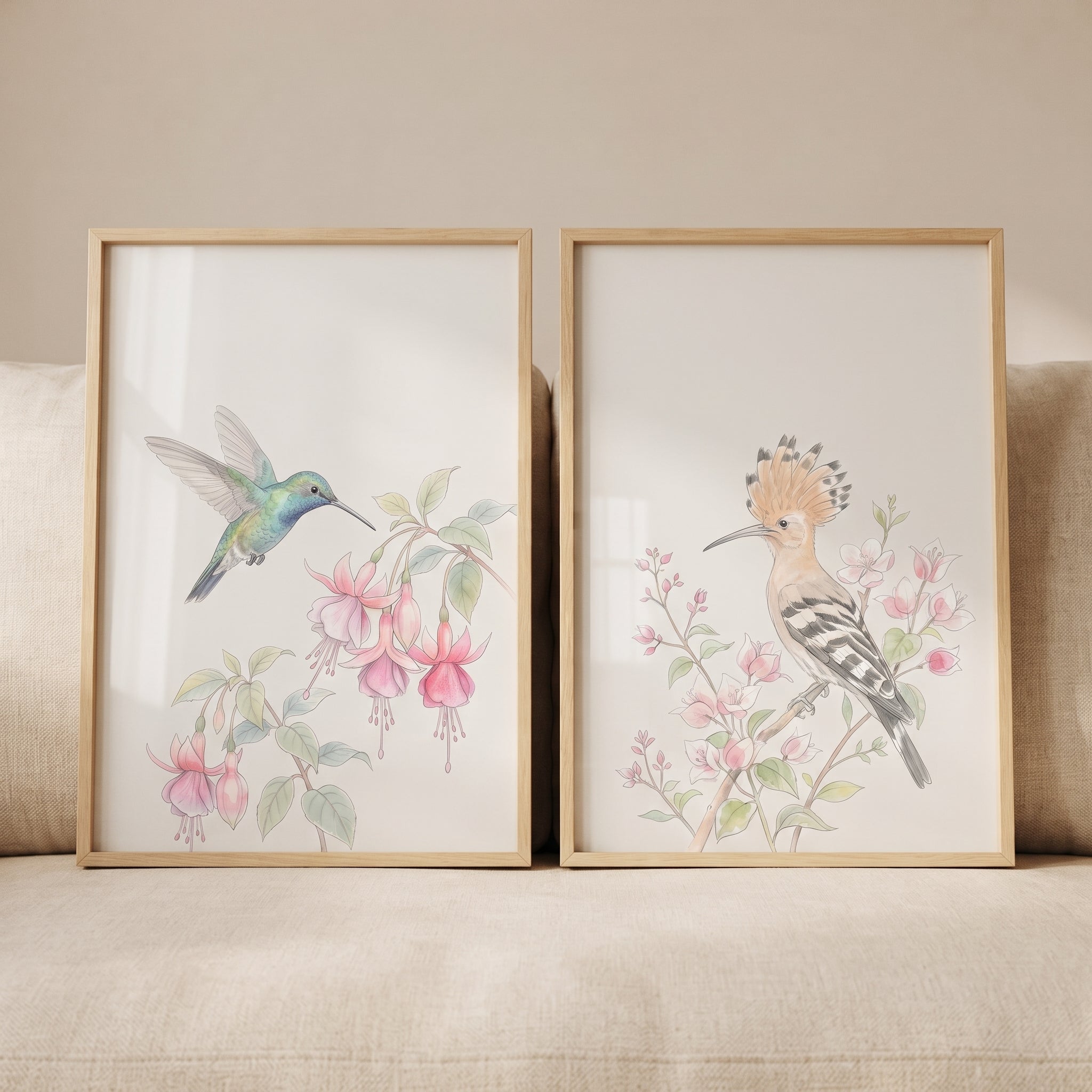 Pink Botanical Watercolor Bird Wall Art Set of 2 - Floral Avian Duo