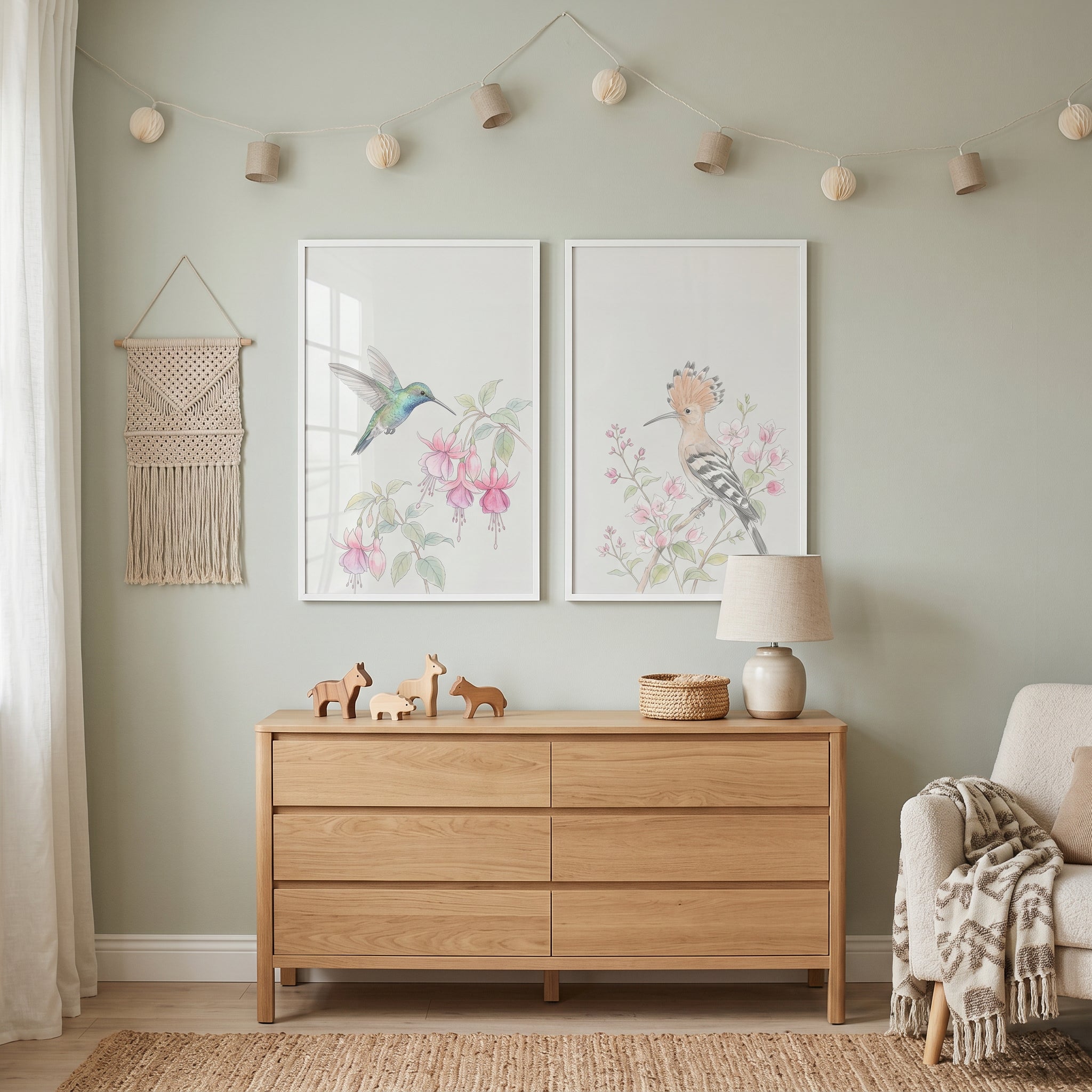 Pink Botanical Watercolor Bird Wall Art Set of 2 - Floral Avian Duo