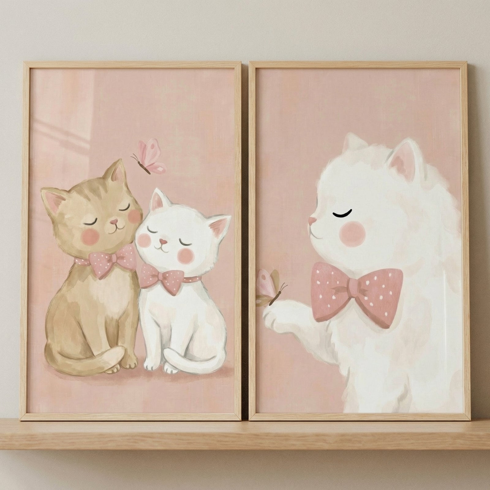 Two rectangular light-wood-framed illustrations are displayed side-by-side on a natural wood shelf against a neutral-colored wall. 

The illustration on the left features two adorable kittens sitting closely together. One is light ginger and the other is white. Both kittens have their eyes closed in a content expression, featuring rosy pink cheeks. They each wear a pink bow tie decorated with white polka dots. 
