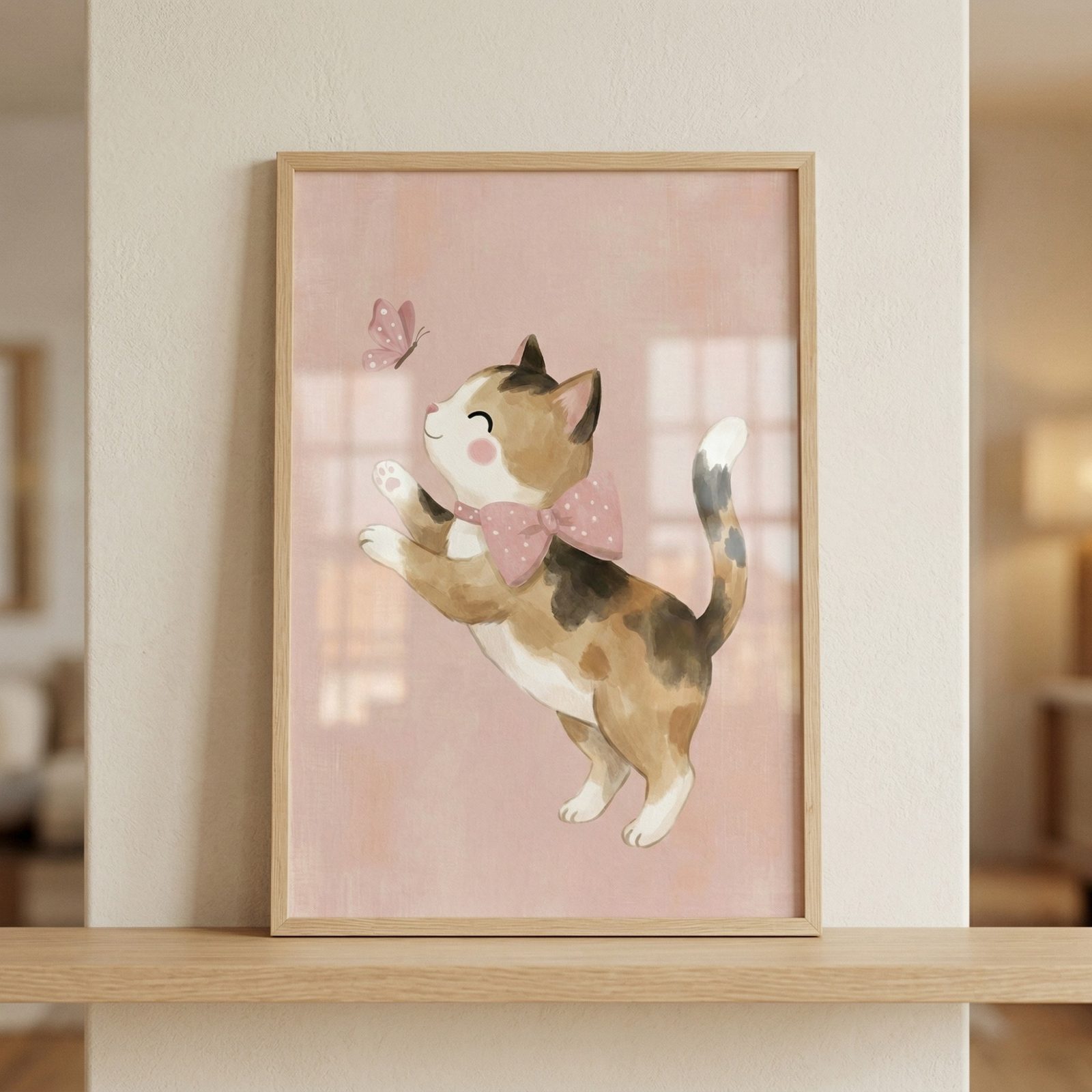 A vertical framed illustration sits on a light wooden shelf against a soft beige wall. The artwork depicts a whimsical scene of a calico kitten with patches of brown, black, and tan fur. The kitten is standing on its back legs, stretching its front paws toward a delicate pink butterfly fluttering in the upper left corner. The kitten has a joyful expression with its eyes closed and wears a large pink bow tie adorned with white polka dots. 