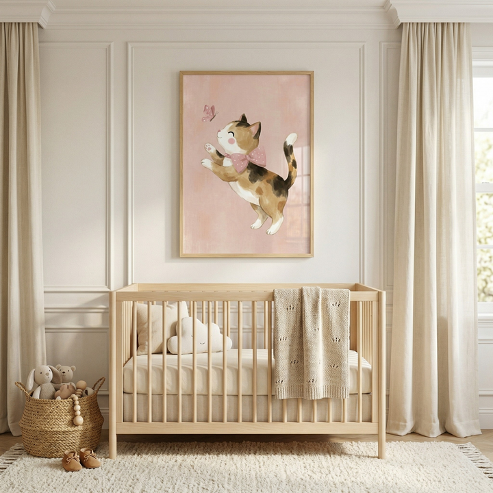 A serene and sunlit nursery features a light wood crib positioned against a white wall with decorative molding. Centered above the crib is a framed piece of wall art showing a whimsical calico kitten wearing a pink bow and reaching toward a butterfly on a soft pink background. The crib is styled with neutral-toned bedding, a cloud-shaped cushion, and a textured cream blanket draped over the side. 