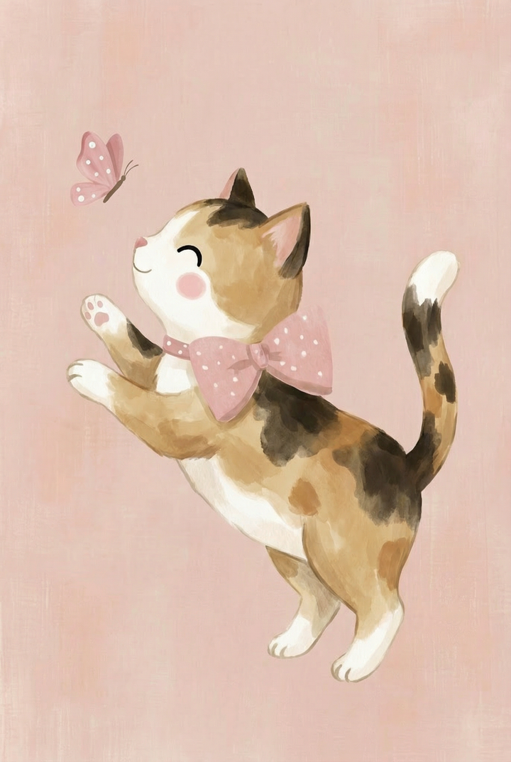 Calico cat standing on hind legs reaching toward a butterfly, wearing a pink bow tie against a soft pink background. The playful pose adds a sense of light movement and curiosity.

