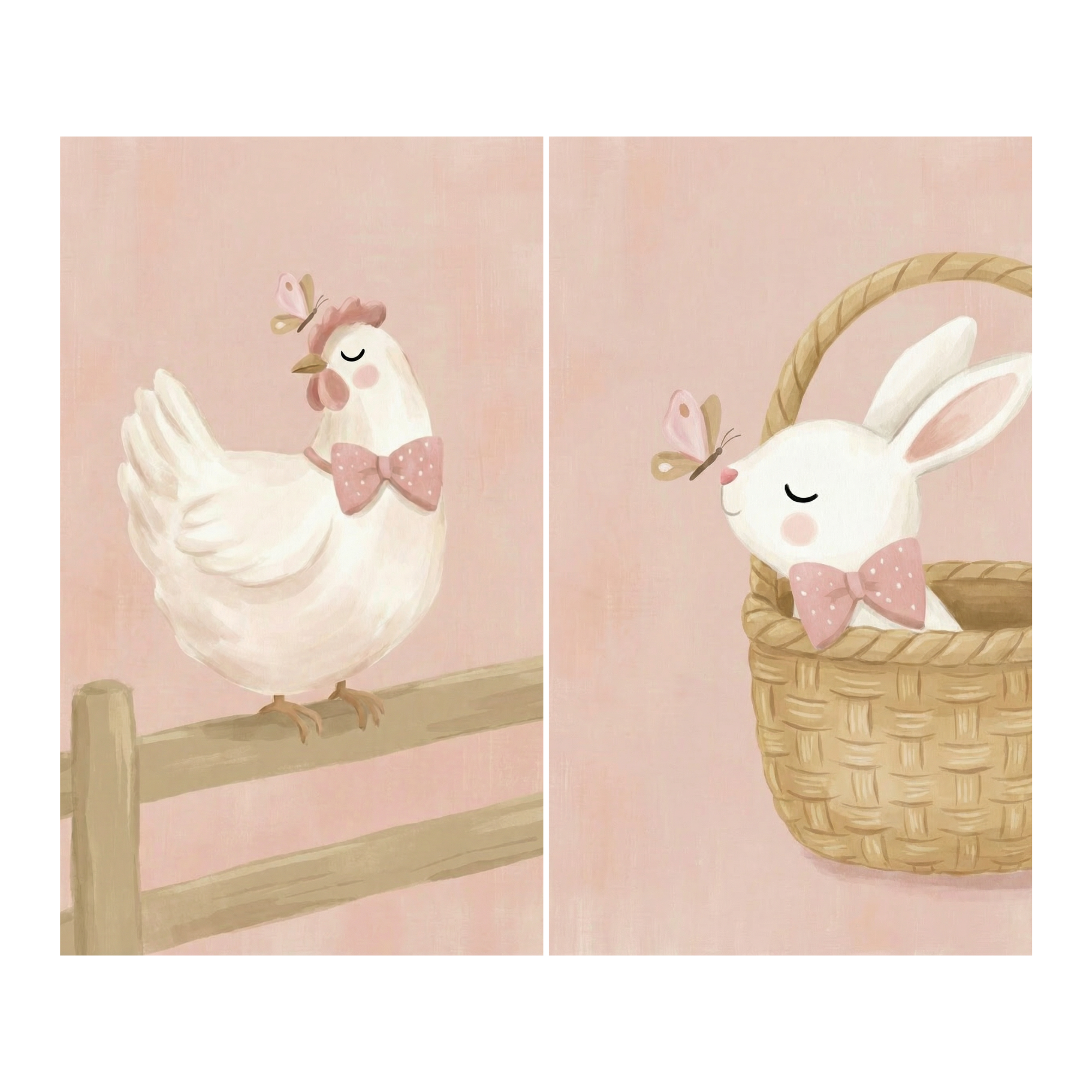 Two soft pastel illustrations on a pink background featuring farm and woodland animals. A white chicken with a pink bow stands on a wooden fence, while a bunny with a matching bow sits inside a woven basket with a butterfly nearby. The gentle colors and calm poses create a soothing, nursery inspired scene.
