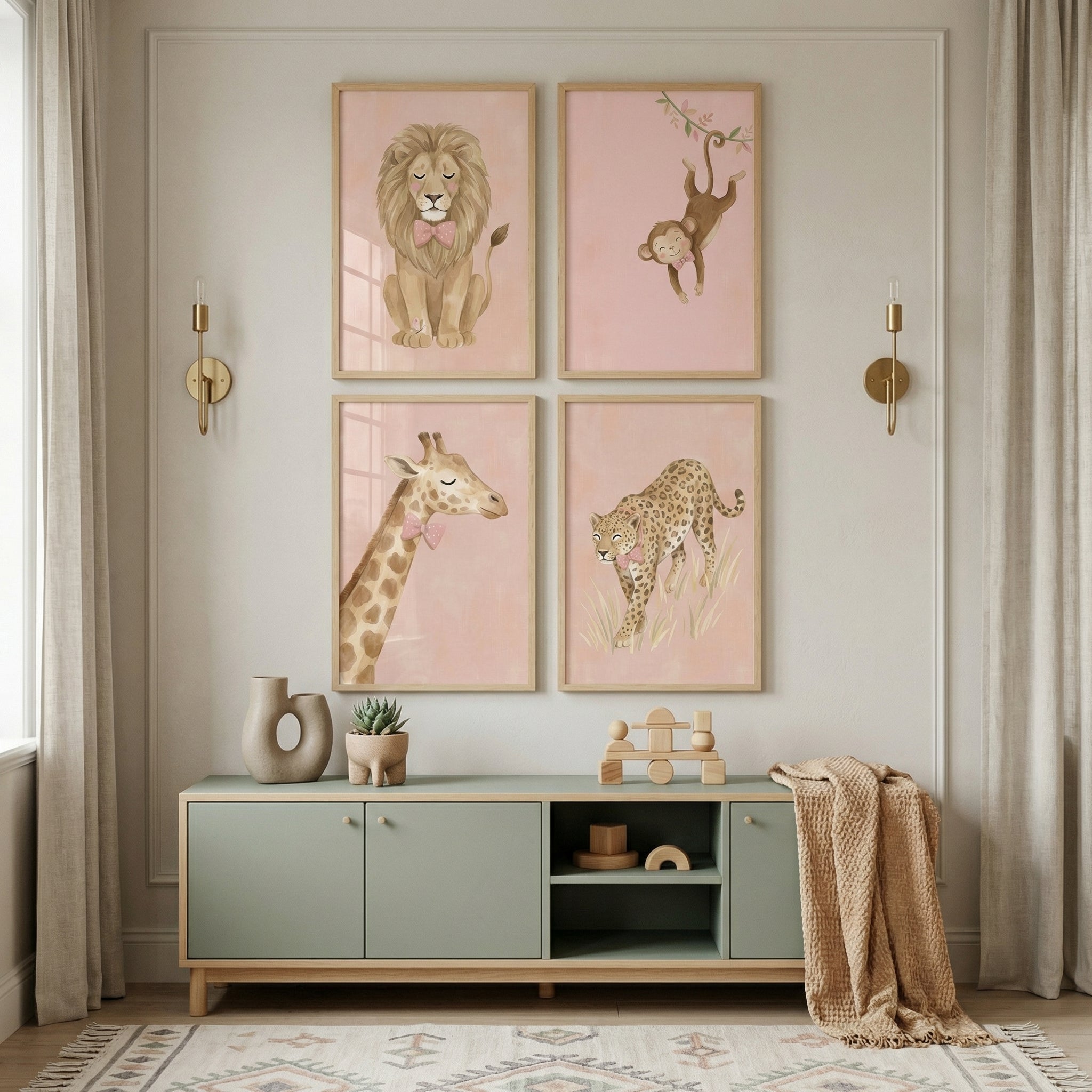 Pink Bow Safari Animal Wall Art Set of 4 - Pink Safari Friends