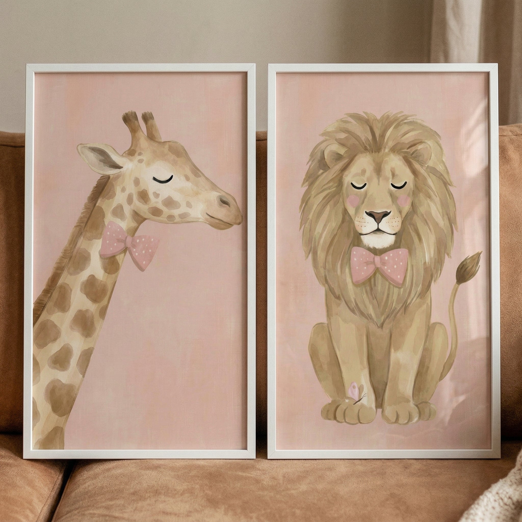 Pink Bow Safari Animals Wall Art Set of 2 - Soft Safari Friends
