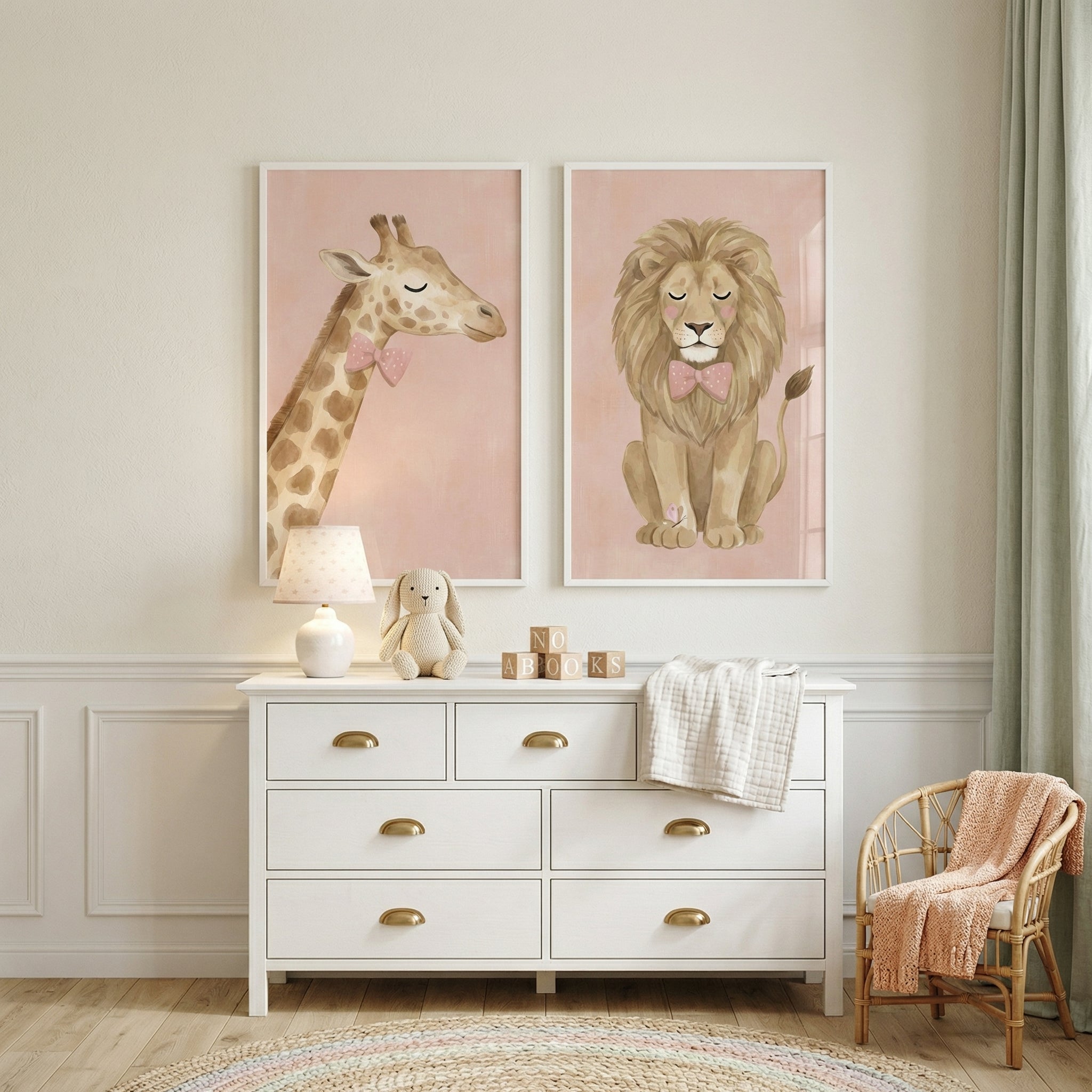 Pink Bow Safari Animals Wall Art Set of 2 - Soft Safari Friends