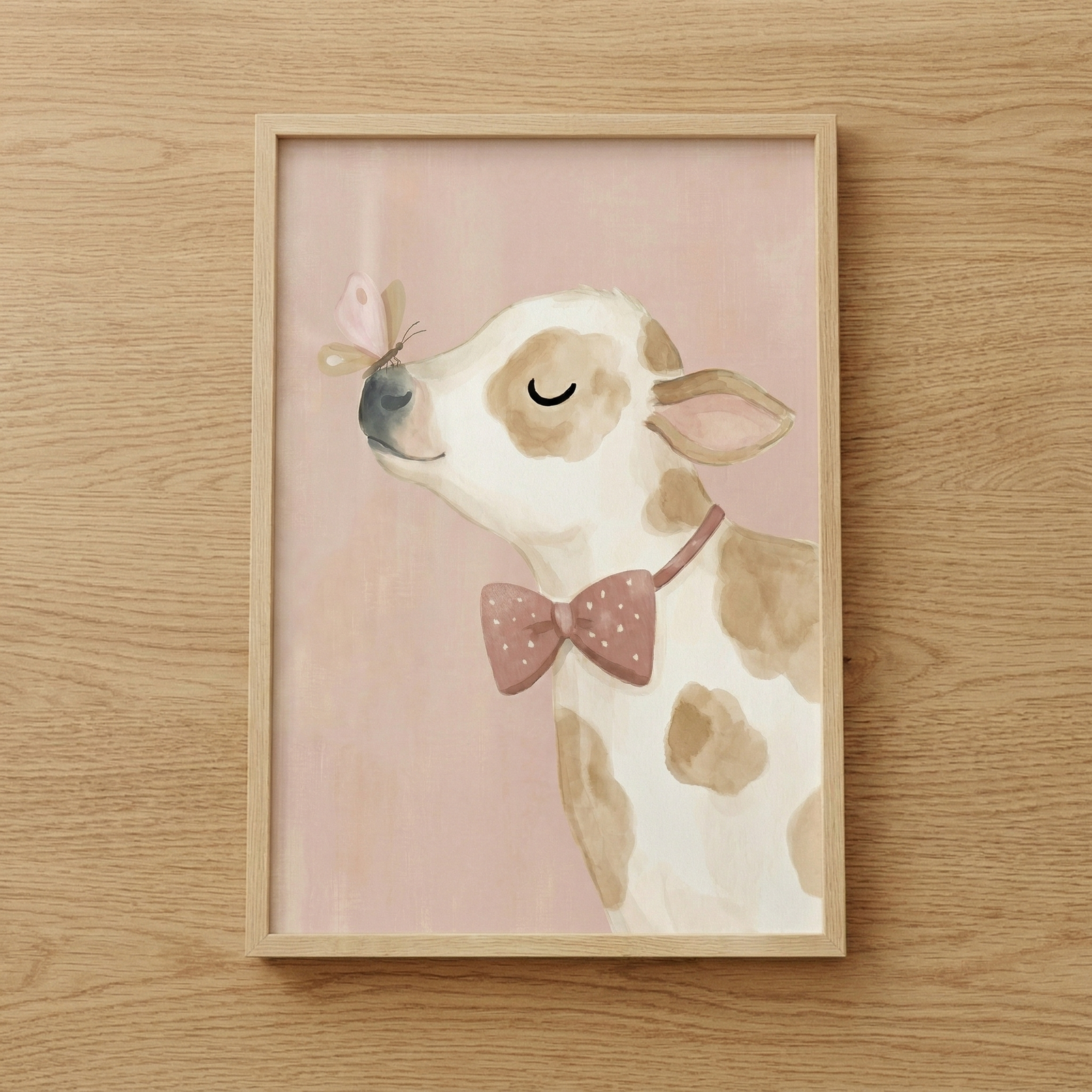 A rectangular light-wood frame hangs on a horizontal wood-grain wall. Inside, a soft watercolor-style illustration depicts a white calf with tan spots against a pale pink backdrop. The calf has its eyes closed peacefully, and a small pink butterfly is perched on its nose. A dusty pink bow tie with white polka dots is tied around its neck, completing the sweet and whimsical scene.
