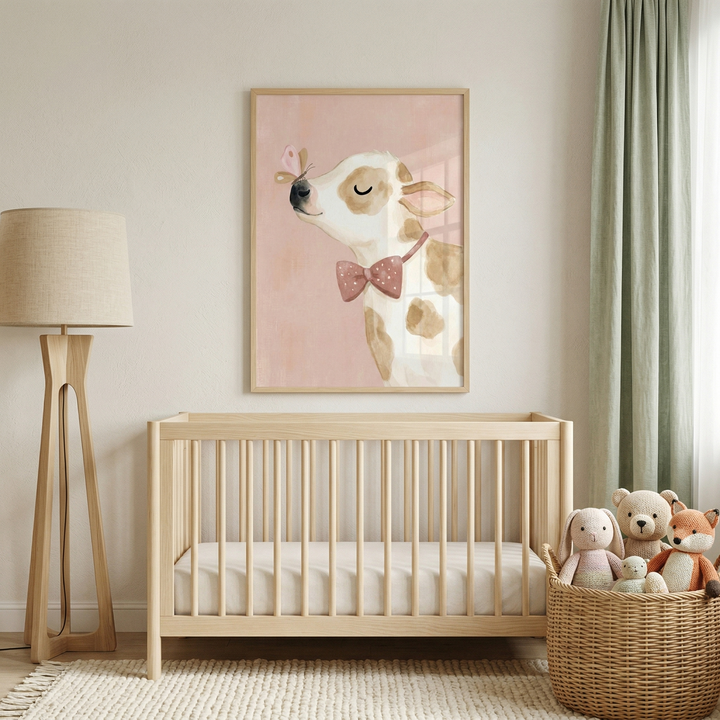 A serene nursery features a light-toned wooden crib set against a neutral wall. Above it hangs a framed illustration of a baby calf with soft brown spots and a pink bow tie, its eyes closed as a butterfly lands on its nose. To the left is a tall floor lamp with a wooden tripod base and a beige shade. On the right, muted green curtains flank a window, and a woven basket sits on a textured rug, filled with plush toys including a teddy bear, a bunny, and a fox.