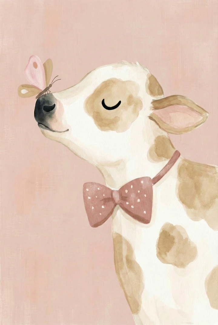  Light brown and white calf with closed eyes wearing a pink bow tie as a small butterfly sits on its nose, set against a soft pink background. The peaceful pose and delicate details give the scene a quiet and tender feel.
