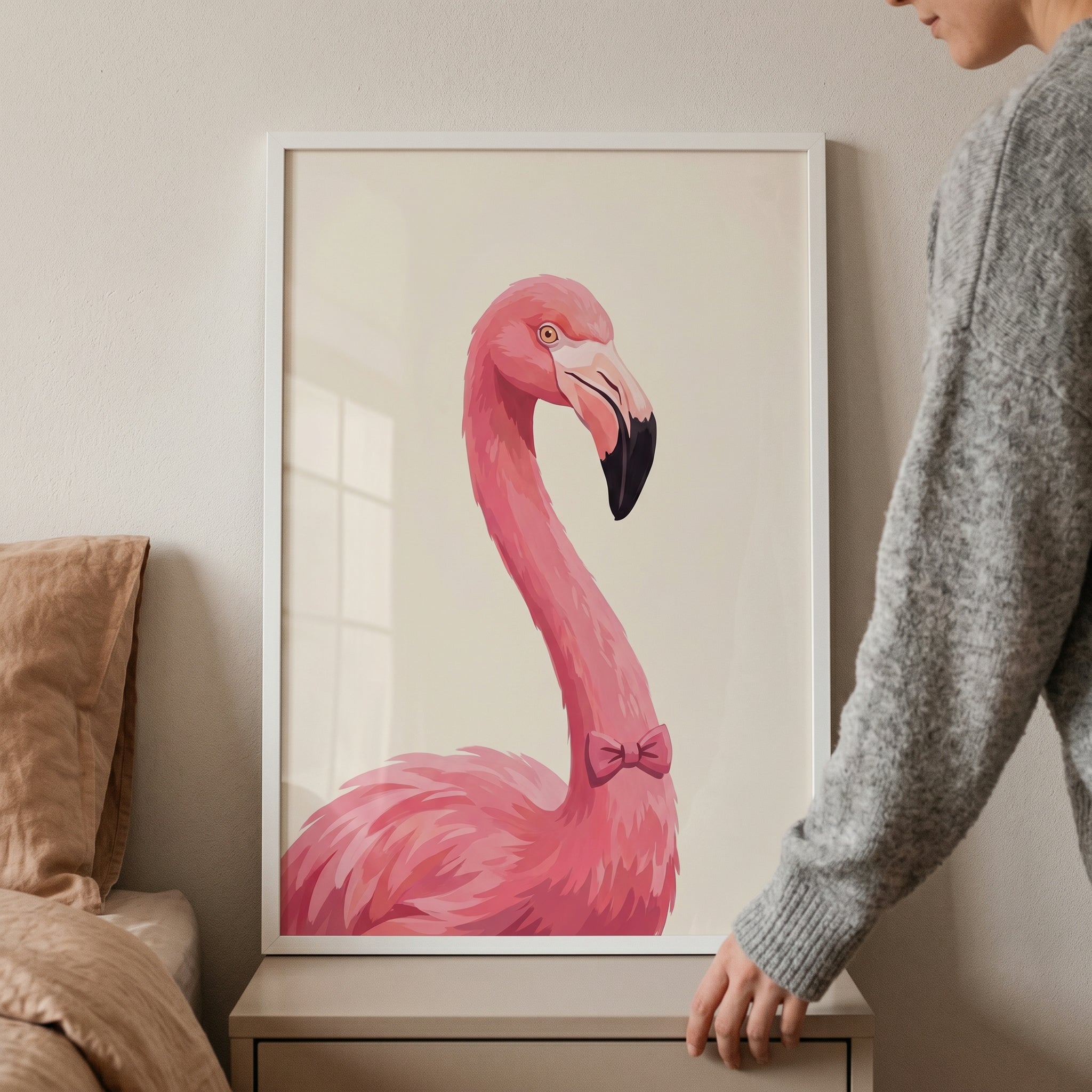 Pink Bow Tie Flamingo Wall Art - Chic Flamingo Portrait
