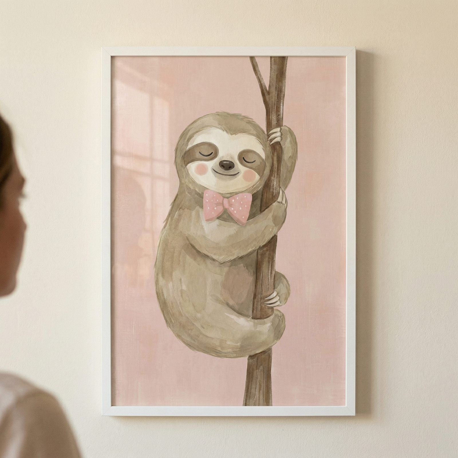 A framed illustration hanging on a wall features a charming, cartoon-style sloth with a serene expression. The sloth has its eyes closed and a soft smile, clinging to a vertical brown tree limb. It is adorned with a small pink bow tie decorated with white polka dots. The artwork's background is a solid, light pink with a subtle texture. 