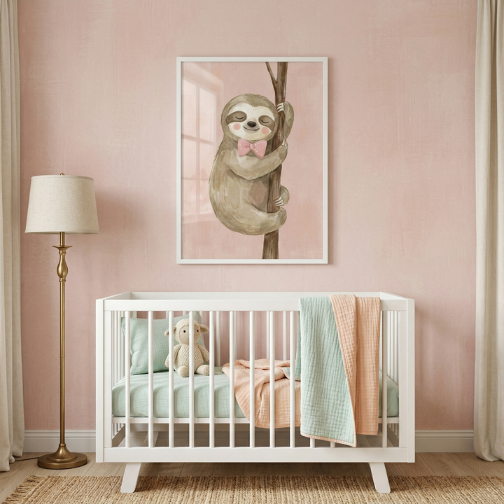 A serene nursery featuring a light pink wall decorated with a large framed illustration of a smiling cartoon sloth wearing a pink bow tie while climbing a tree branch. A white wooden crib sits beneath the artwork, dressed in mint green bedding and a small stuffed lamb toy. A peach-colored blanket and a two-toned light green and peach throw are draped over the crib's edge. 