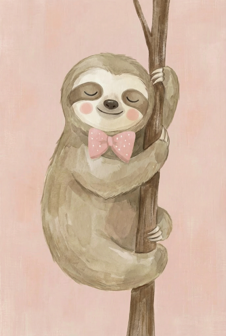 Sloth hugging a tree branch with eyes closed and a pink bow tie, hanging comfortably against a soft pink background. The relaxed posture emphasizes a slow and peaceful mood.
