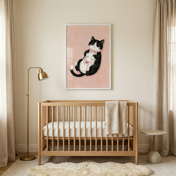 A cozy nursery featuring a light wood crib centered in the room. Hanging on the wall above it is a framed illustration of a tuxedo cat lying on its back with a pink bow and butterfly, on a soft pink background. A brass floor lamp stands to the left, and a small side table with a stone base is on the right. Neutral curtains frame the windows, and a fluffy white rug rests on the floor below the crib.