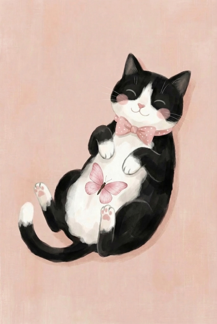Black and white cat lying on its back with eyes closed and a pink bow tie, a butterfly resting on its belly. The relaxed pose and soft palette create a cozy and content mood.

