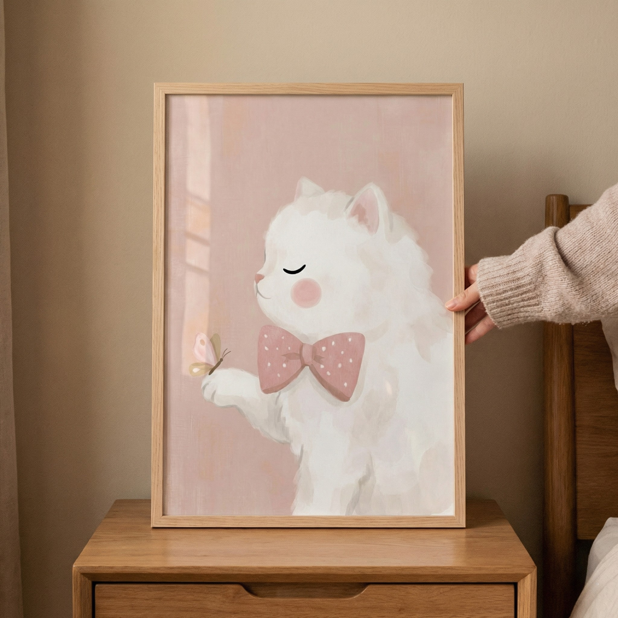 Pink Bow White Cat Wall Art - Whimsical Kitten Friend