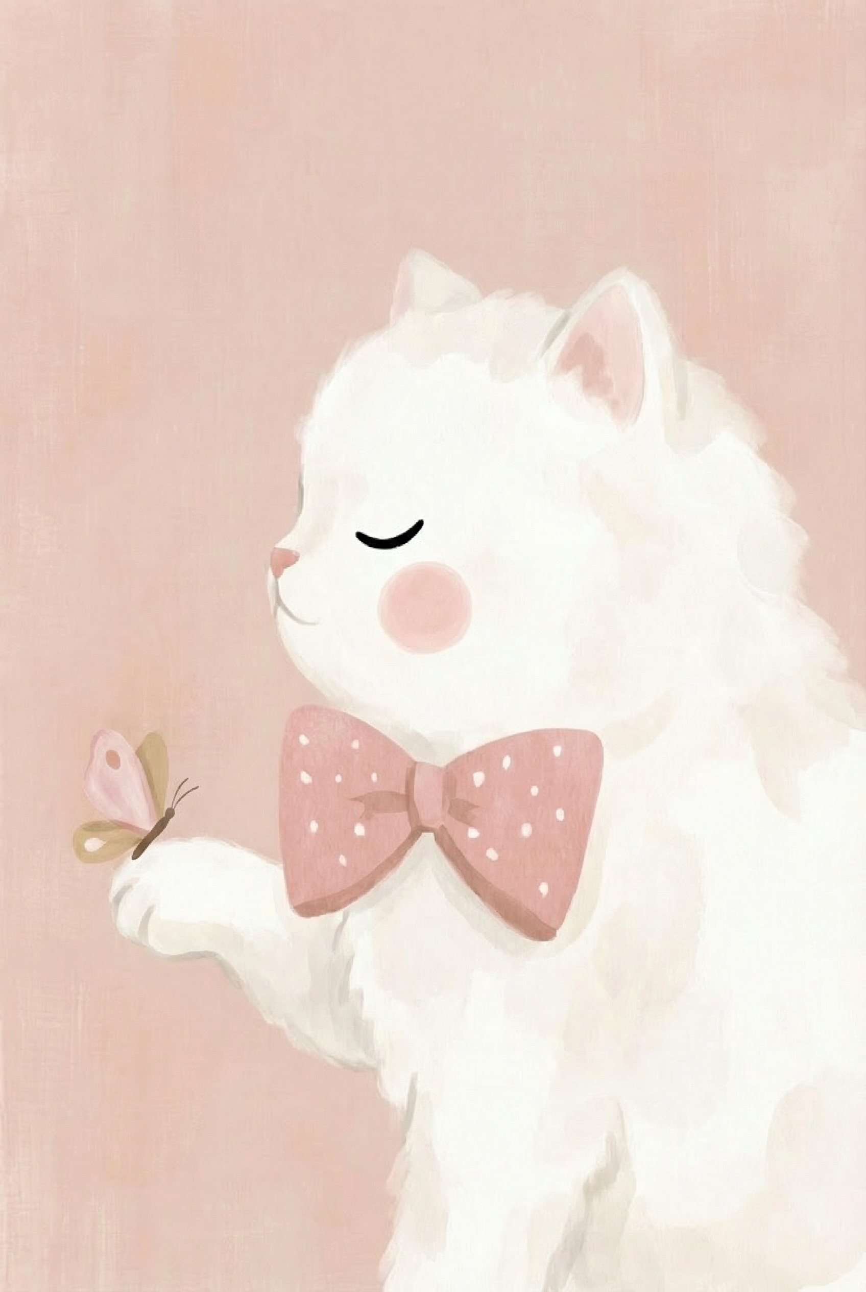 Pink Bow White Cat Wall Art - Whimsical Kitten Friend
