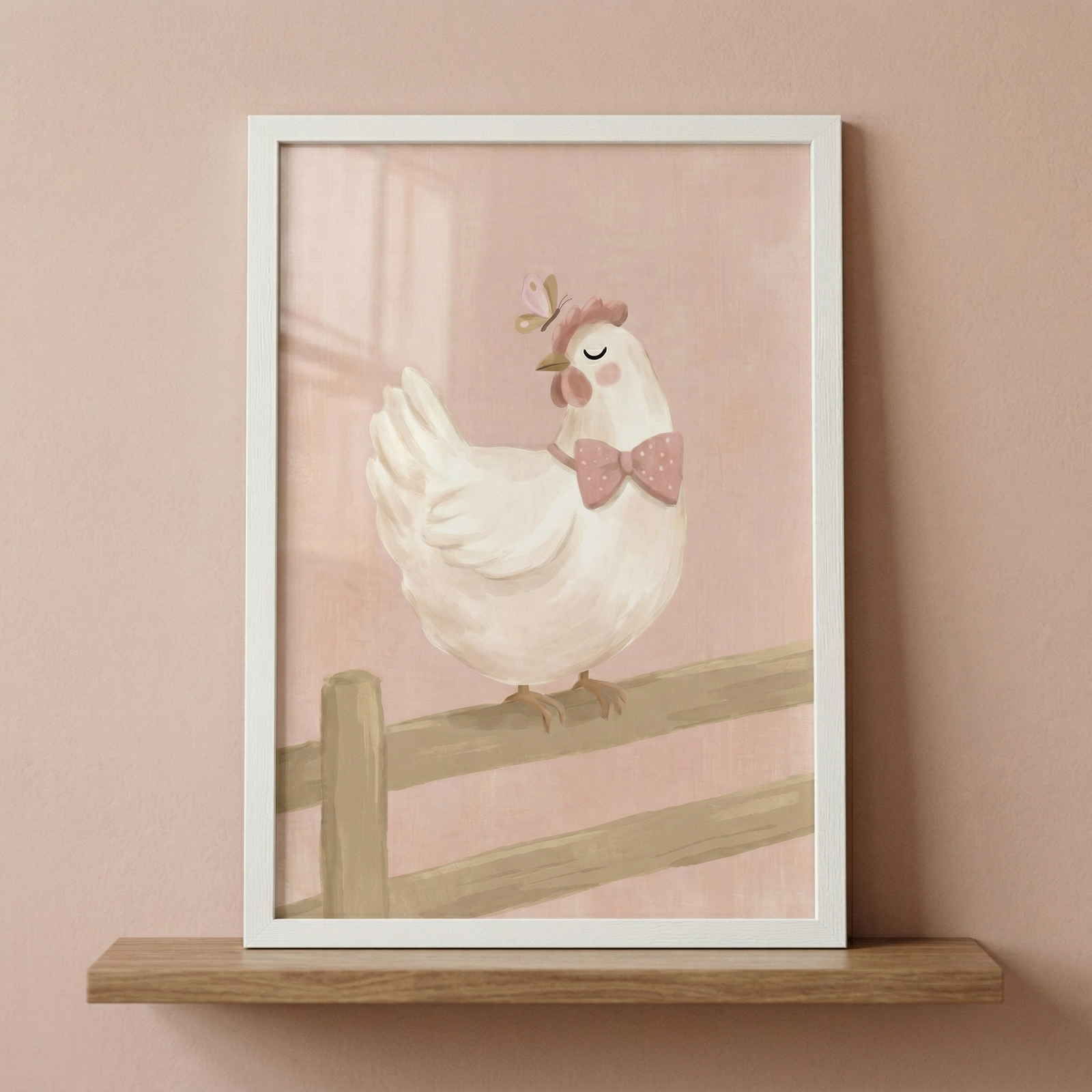 A whimsical and charming digital illustration of a plump, stylized white hen. The hen has its eye peacefully closed and wears a soft pink bow tie with subtle white polka dots. A tiny pink floral accent is perched near its head. The hen is sitting on a simple, three-rail wooden fence. The backdrop is a muted, textured pink with soft, ambient lighting. The art style is gentle and illustrative, with a soft, chalk-like texture. 