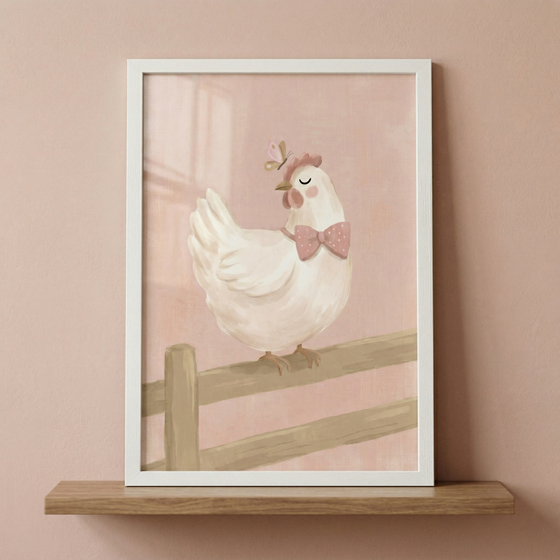 A whimsical and charming digital illustration of a plump, stylized white hen. The hen has its eye peacefully closed and wears a soft pink bow tie with subtle white polka dots. A tiny pink floral accent is perched near its head. The hen is sitting on a simple, three-rail wooden fence. The backdrop is a muted, textured pink with soft, ambient lighting. The art style is gentle and illustrative, with a soft, chalk-like texture. 